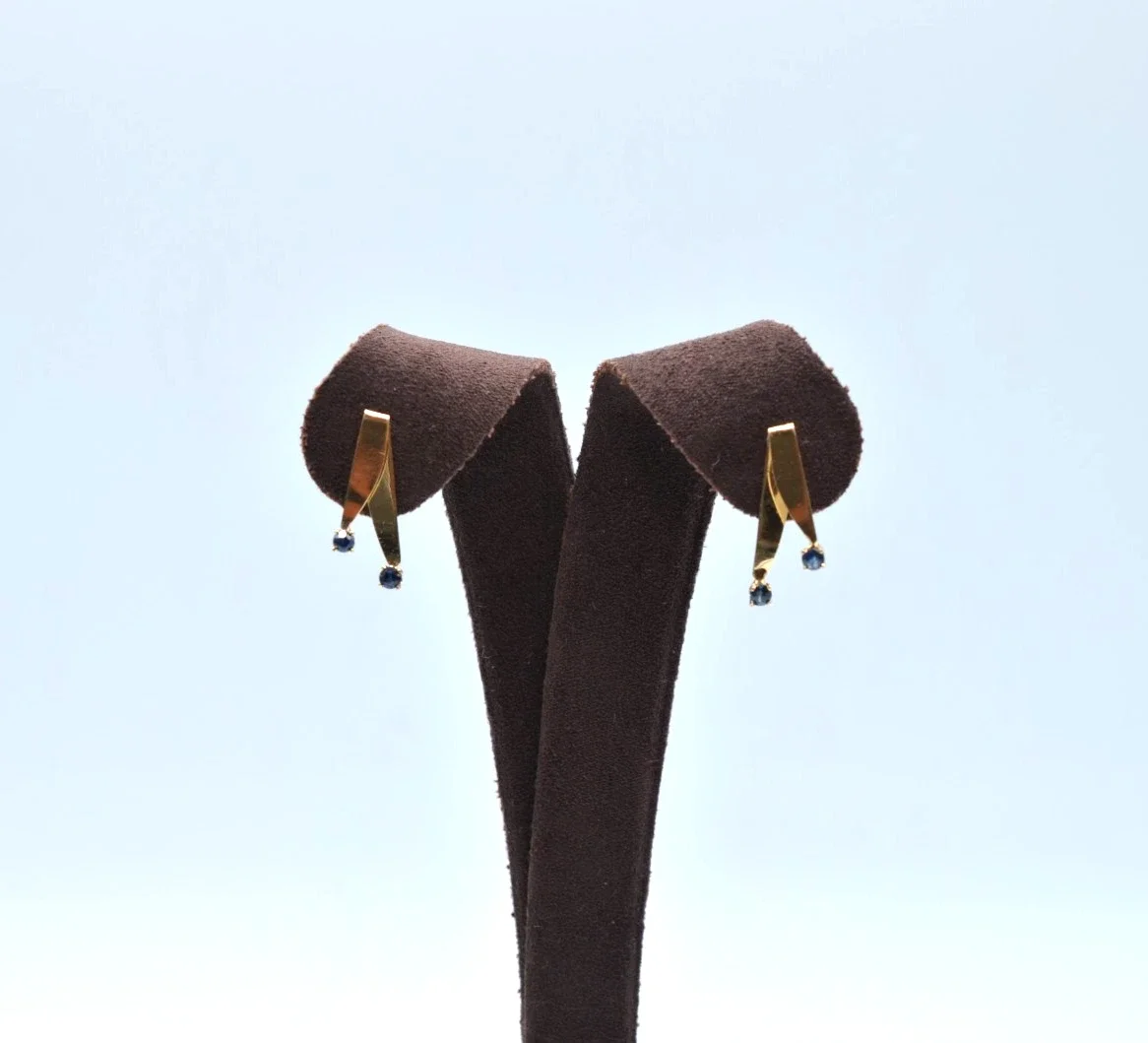 Vintage 14K Gold Sapphire Dangle Earrings Modernist Geometric 0.9g