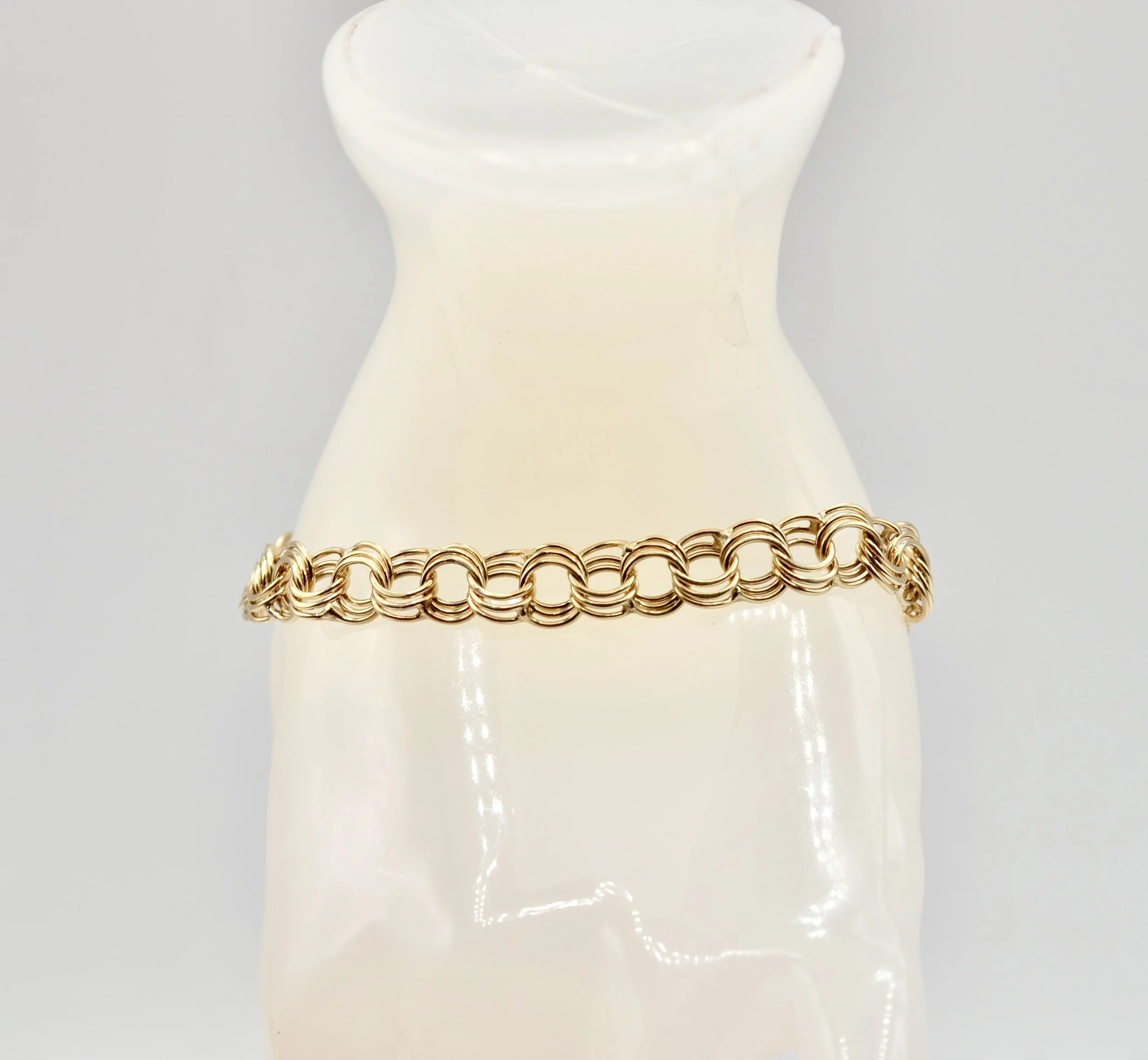 Vintage 14K Yellow Gold Round Link Charm Bracelet 7.25" 11.3g 8mm Wide