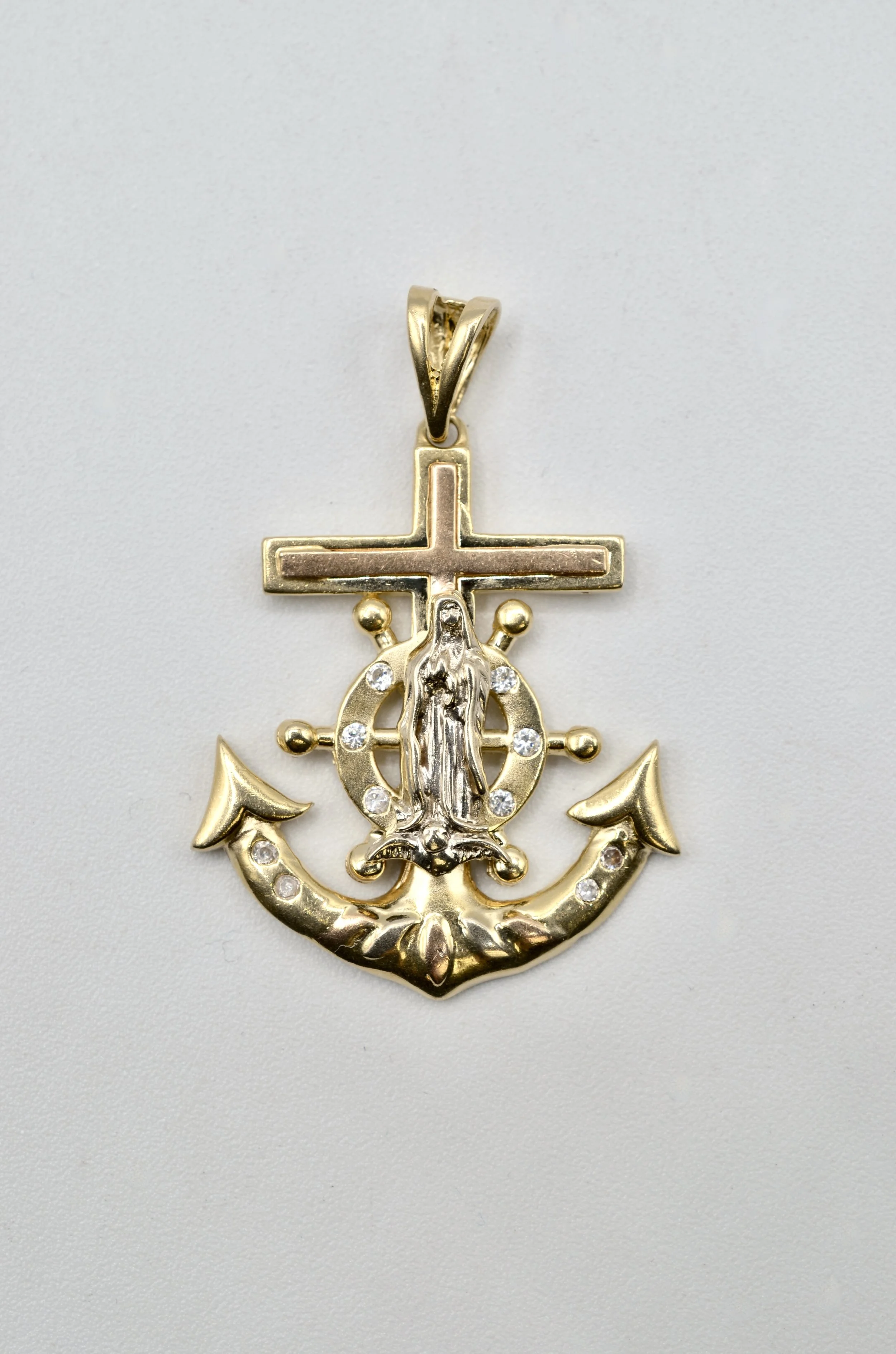 Vintage 14K Tri-Color Gold Cross Anchor Pendant w/ CZ Jesus Nautical 7.6g
