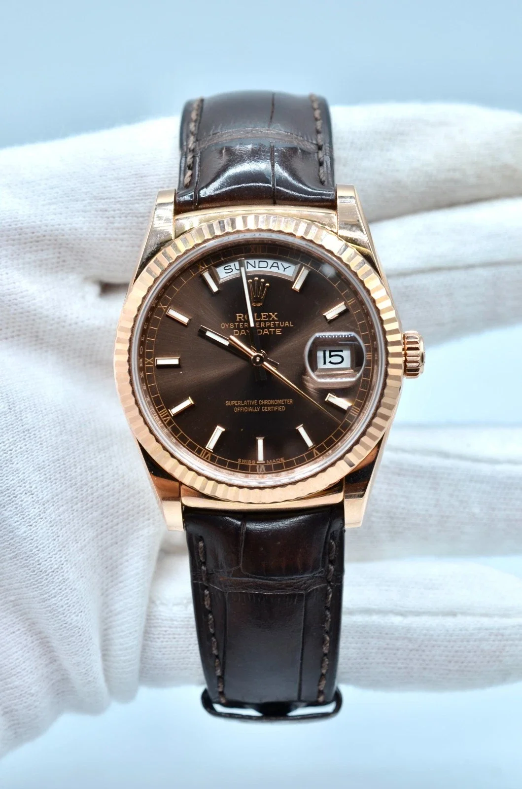 Rolex Day-Date 36 Everose Gold Chocolate Dial Leather Box Papers 118135 2015