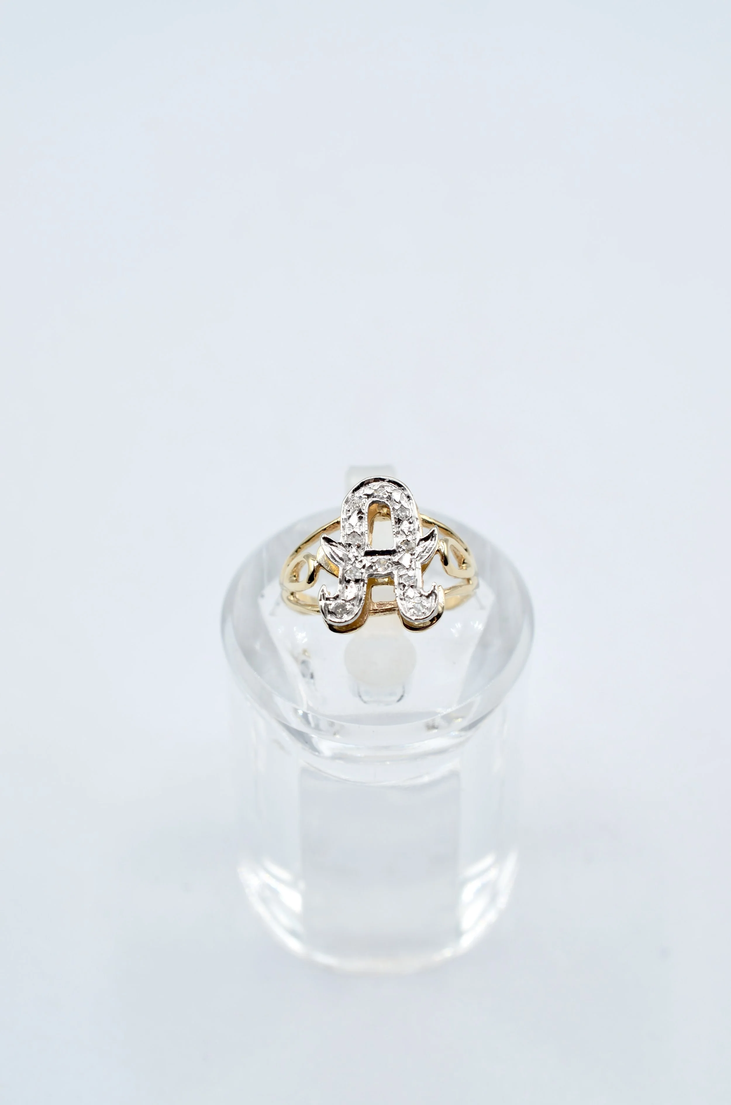 14K Two Tone Gold Diamond Initial A Ring Script Letter Size 5.75~3.3g