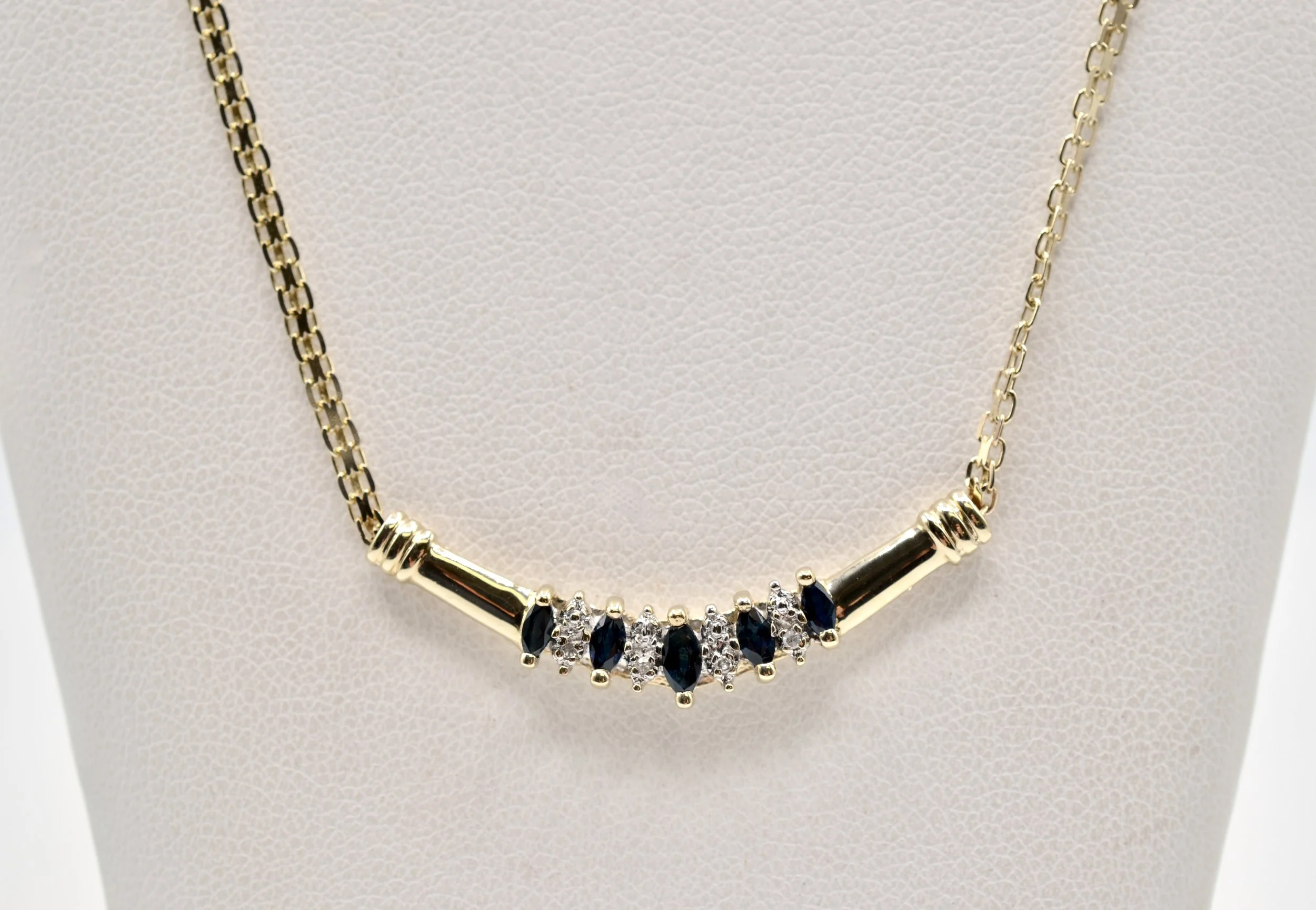 10K Yellow Gold Sapphire & Diamond V Necklace Marquise Sapphire 18" 3.4g