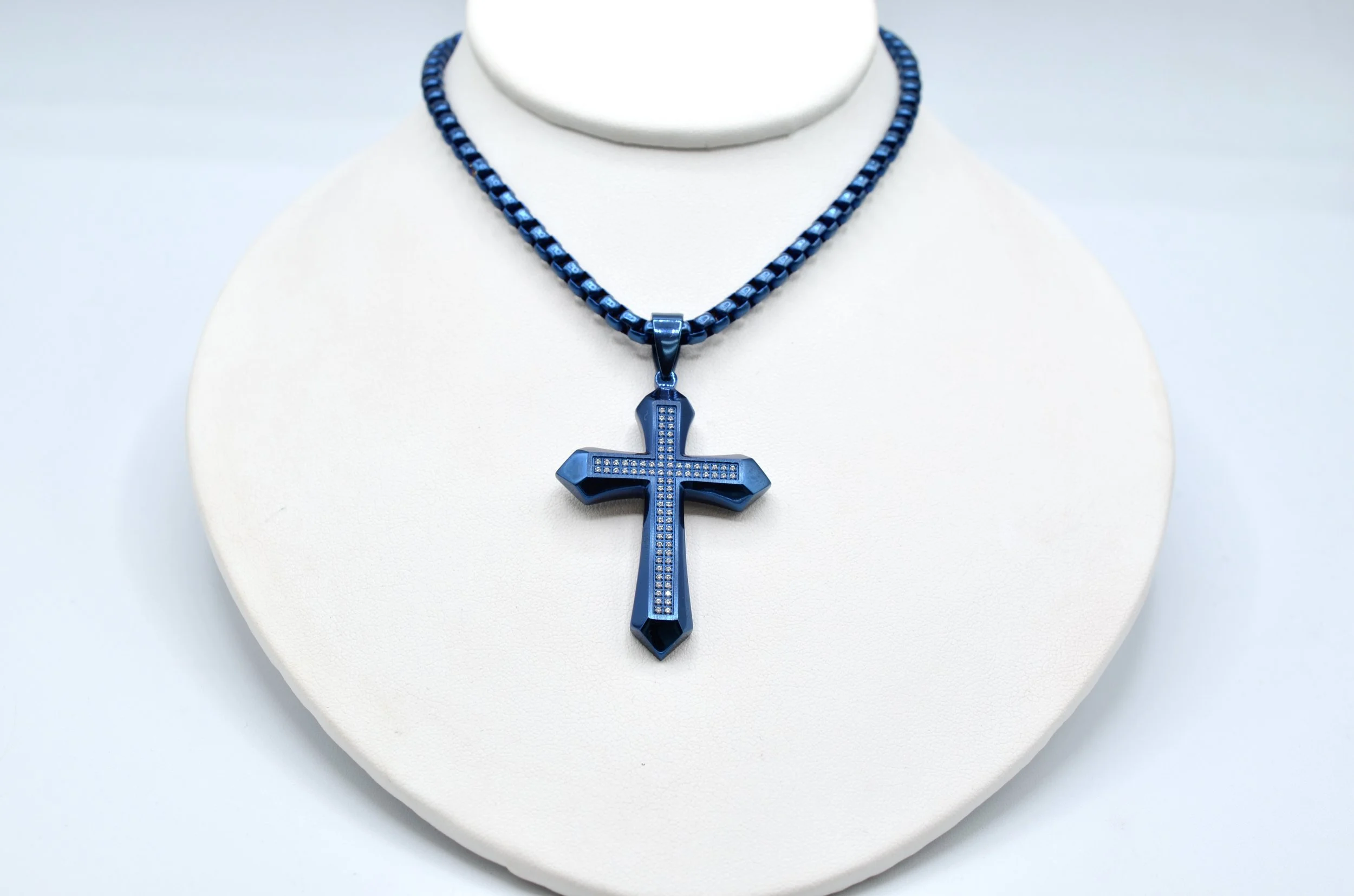 Invicta Blue Ion-Plated Stainless Steel Cross Necklace Crystal Cross 24” Chain