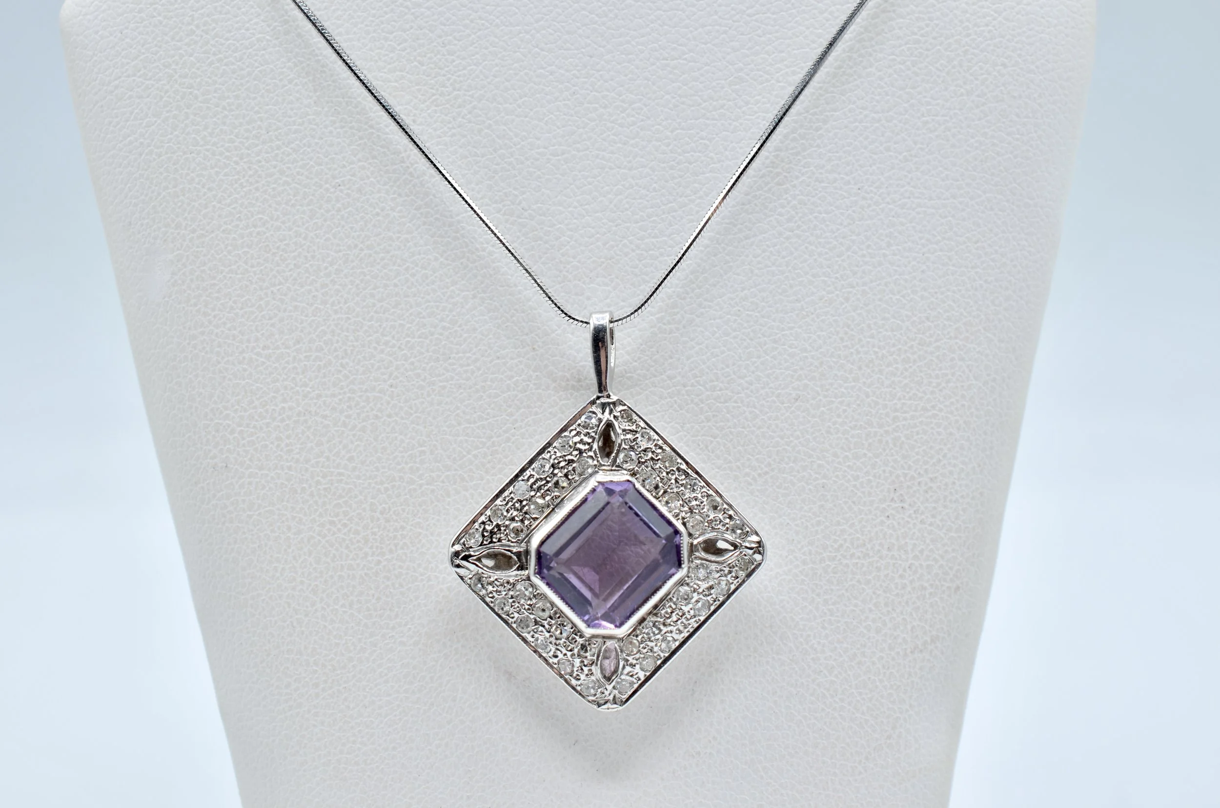 14k White Gold Diamond & Amethyst Pendant w/ 14k Snake Chain – 7.9g – 18"
