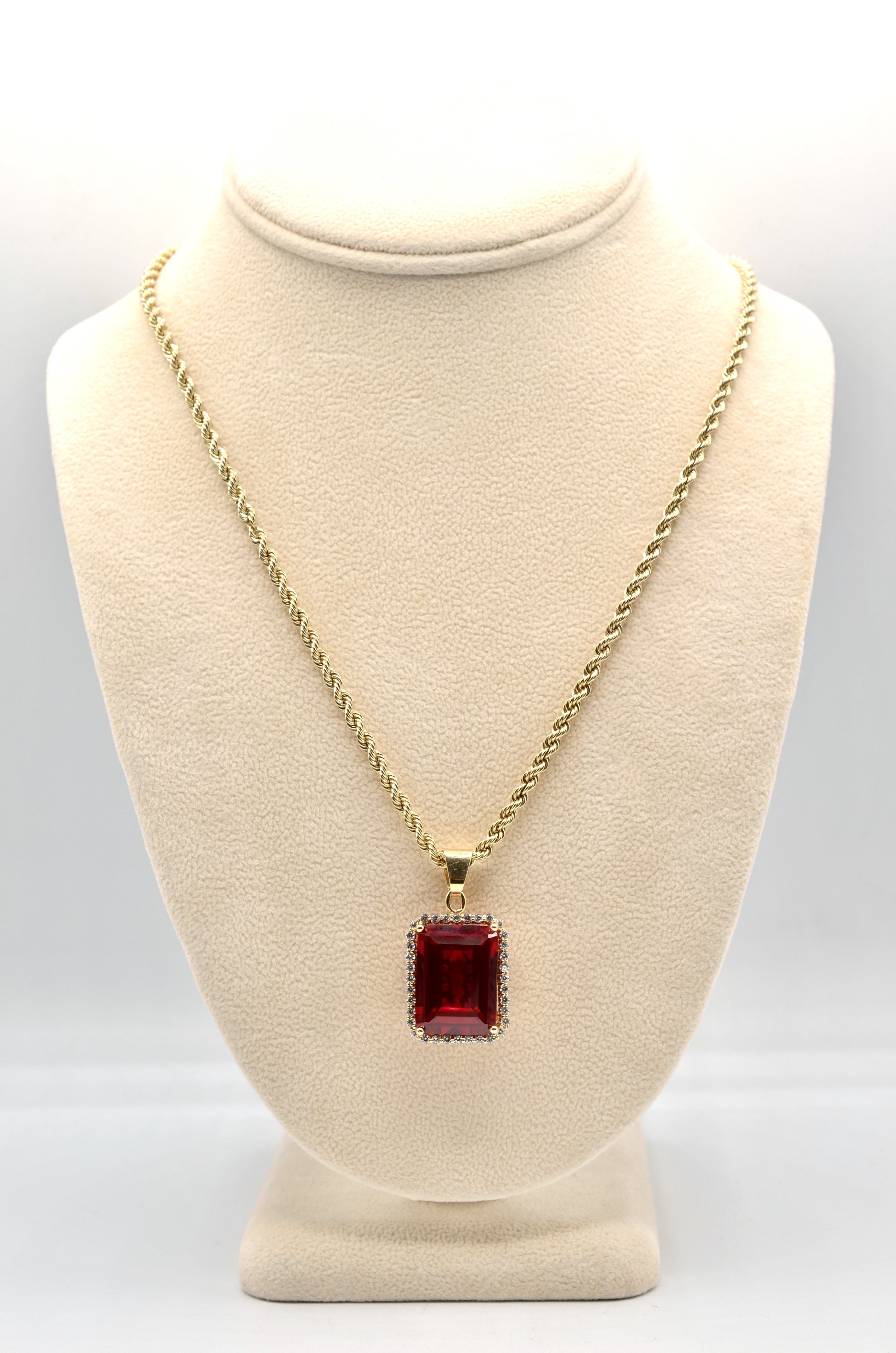 14K Yellow Gold Lab Ruby Halo Pendant 20" Solid Rope Chain Necklace 28.8g