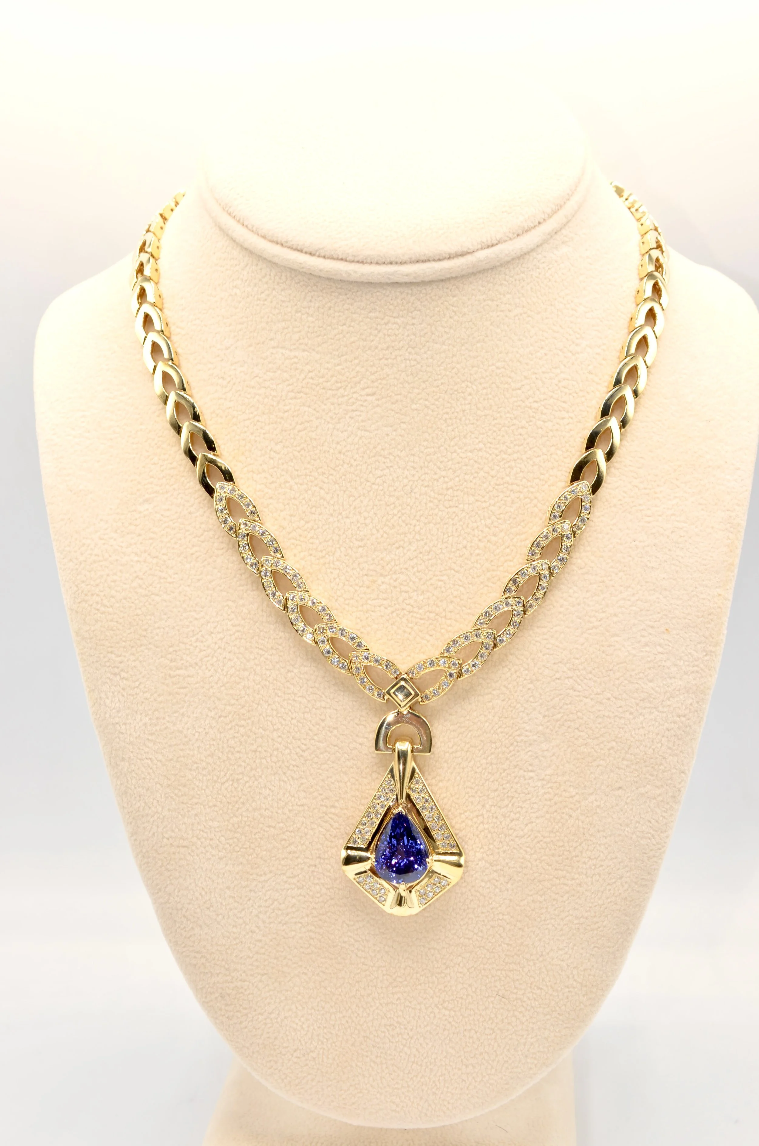 14K Yellow Gold Natural Tanzanite Diamond Necklace 9CT+ 3.25-3.65 CTW 49.8g