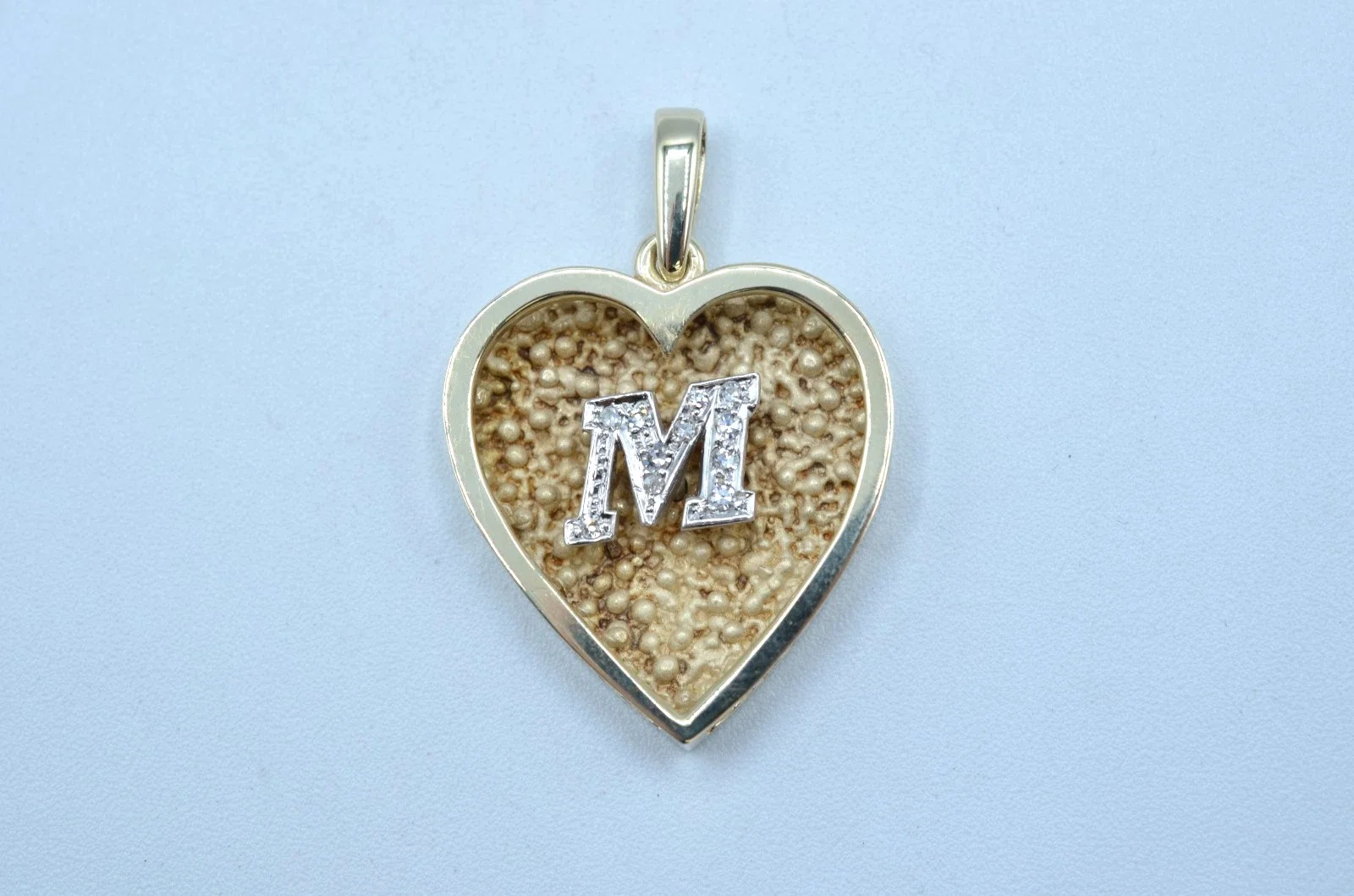 Vintage 14K Two-Tone Gold Diamond Initial “M” Heart Pendant Large 13.5g