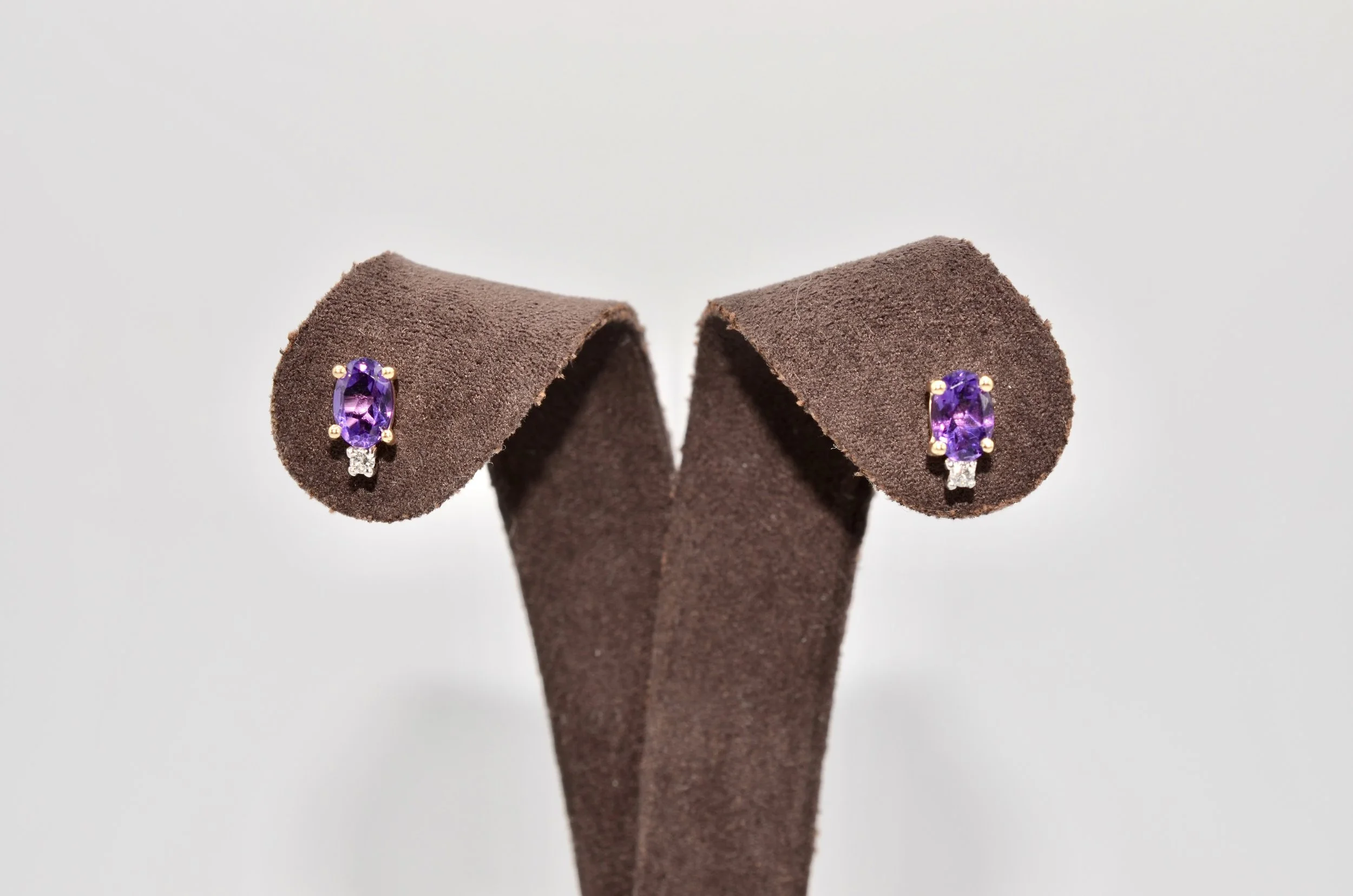14K Two Tone Gold Natural Amethyst Diamond Stud Earrings 0.04 CTW 1.4g