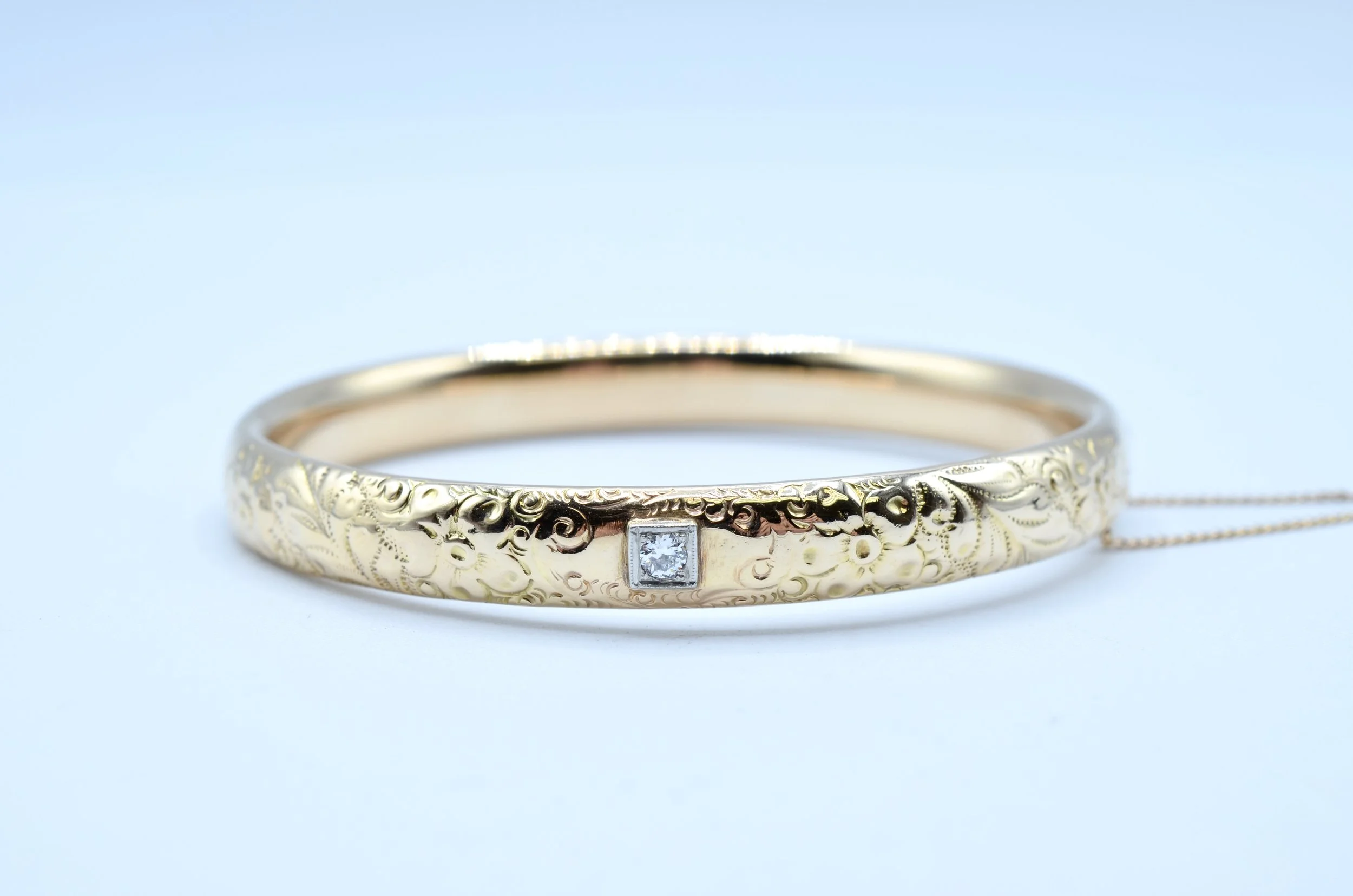 14k Vintage Gold Filigree Bangle Bracelet w/ Natural Old Mine Cut Diamond –14.8g
