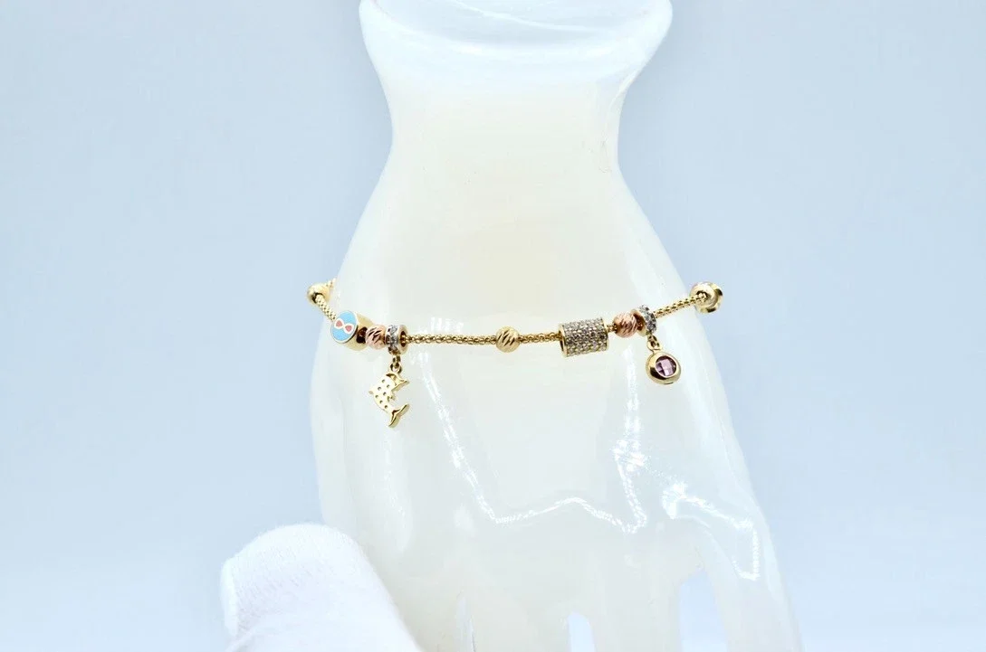 14K Two Tone Gold Popcorn Link Charm Bracelet CZ Dolphin Enamel 6.75"~5.2g