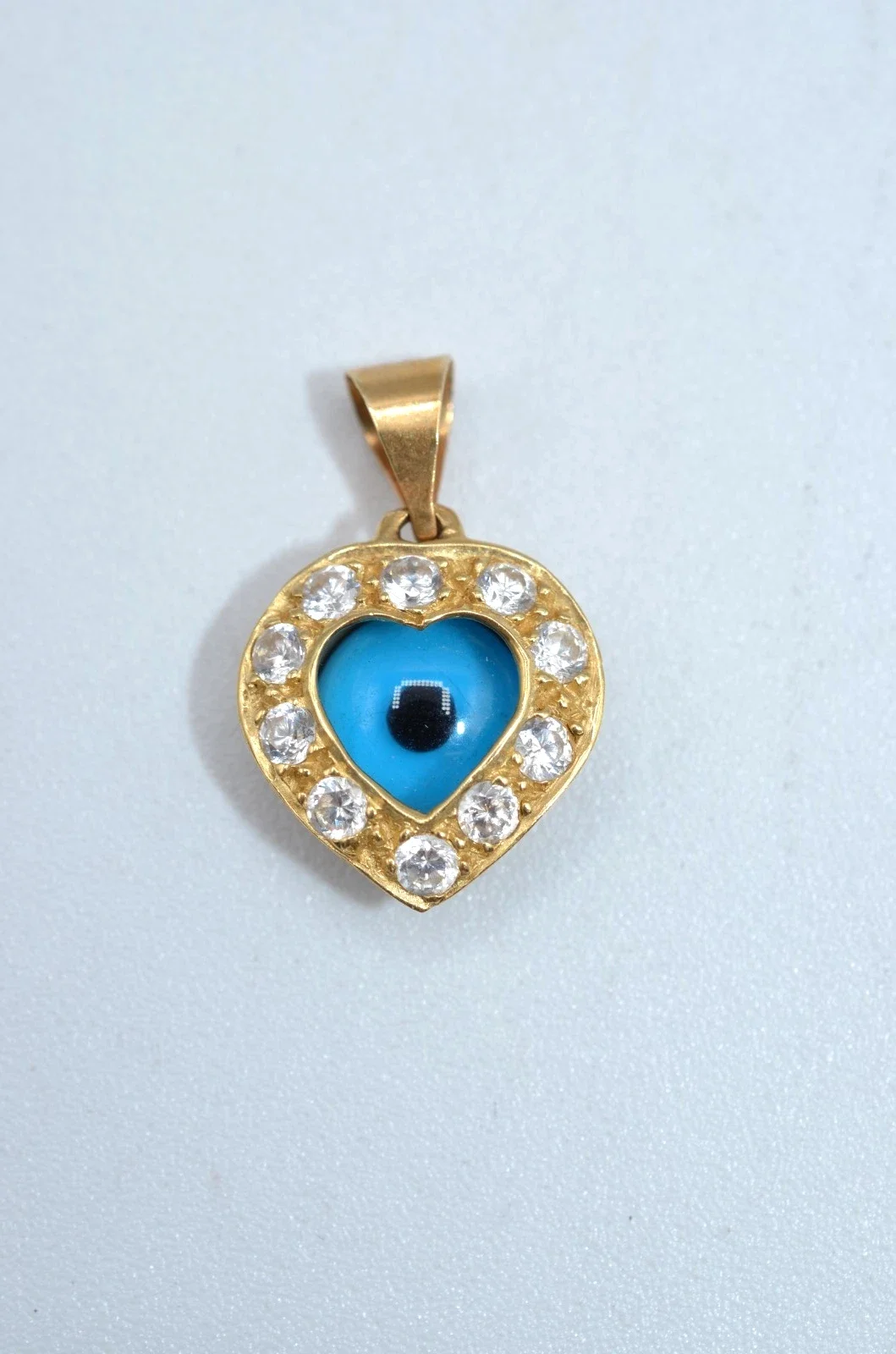14K Yellow Gold Heart Evil Eye Pendant Charm 2.2g CZ Accents