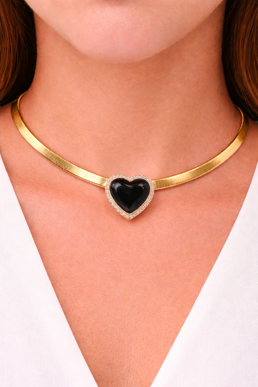 Vintage 14K Gold Onyx & Diamond Heart Pendant And 2 Tone Omega Necklace 16”