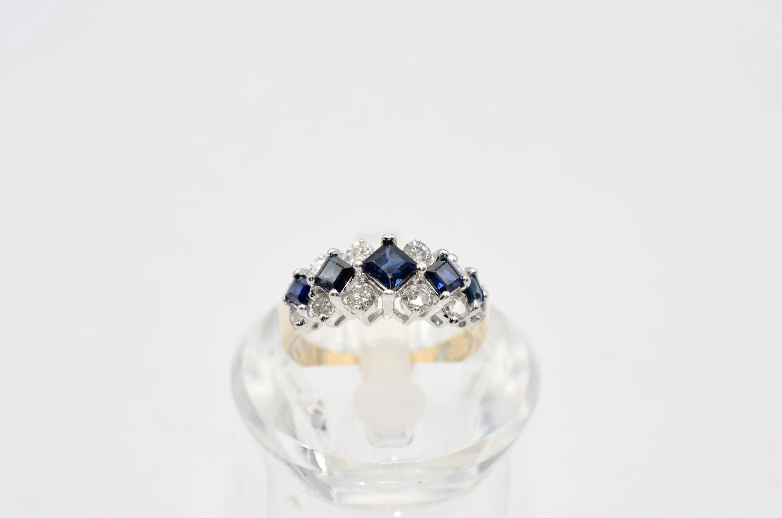 Vintage 14K Two Tone Gold Natural Sapphire Diamond Bridge Ring Size 5.25 3.7g