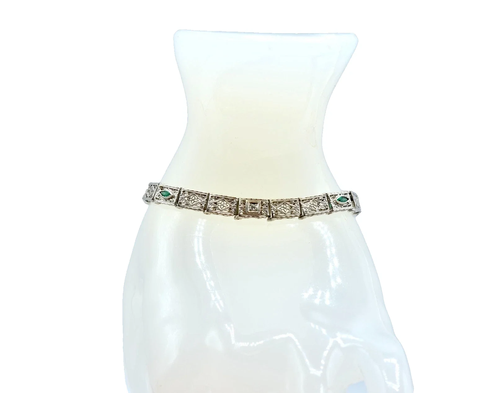 Vintage Art Deco 14K White Gold Filigree Diamond Emerald Panel Bracelet 6"~ 6.5g