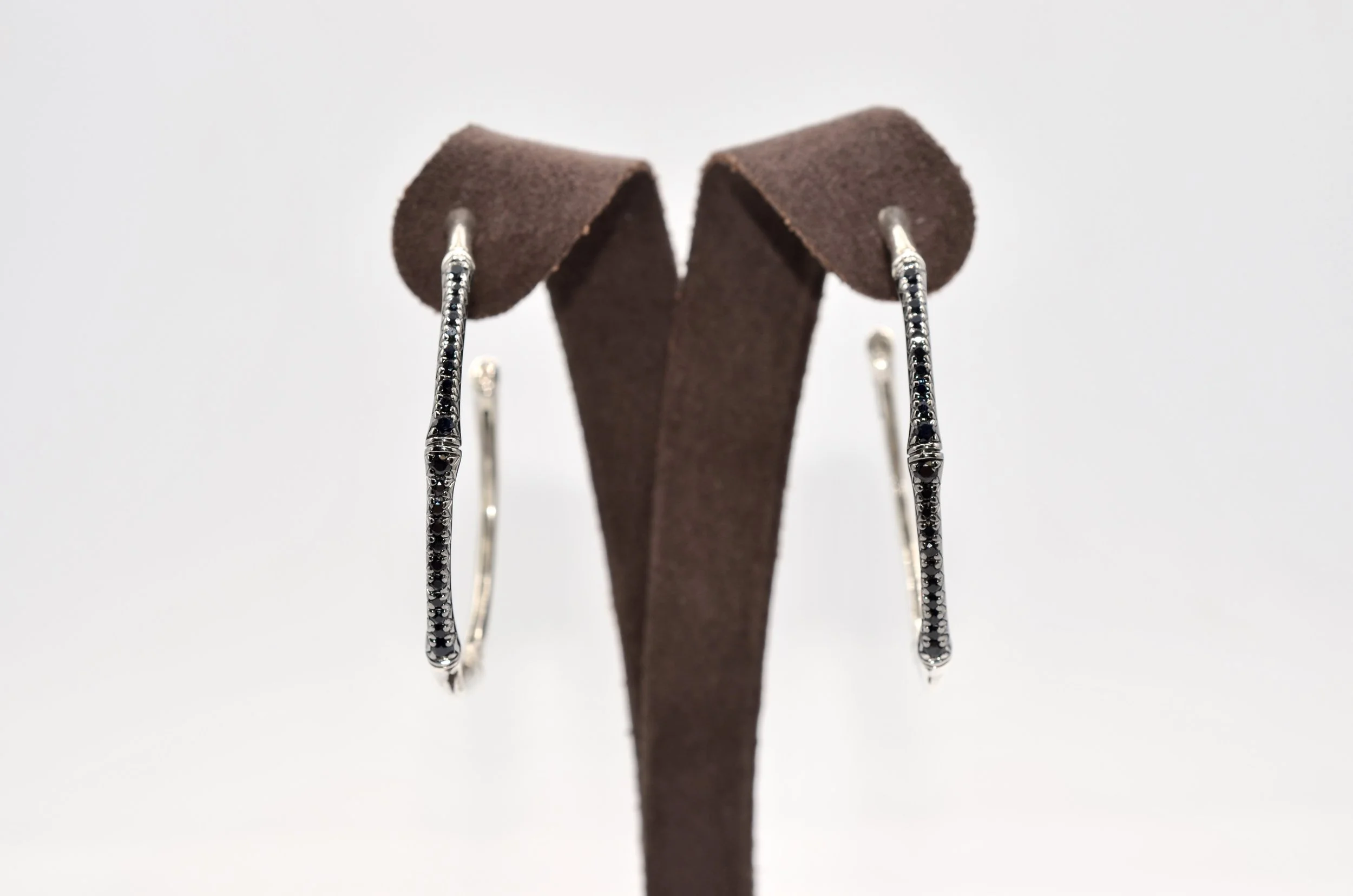 John Hardy Black Sapphire Bamboo Hoop Earrings Sterling Silver 925.~10.3gr