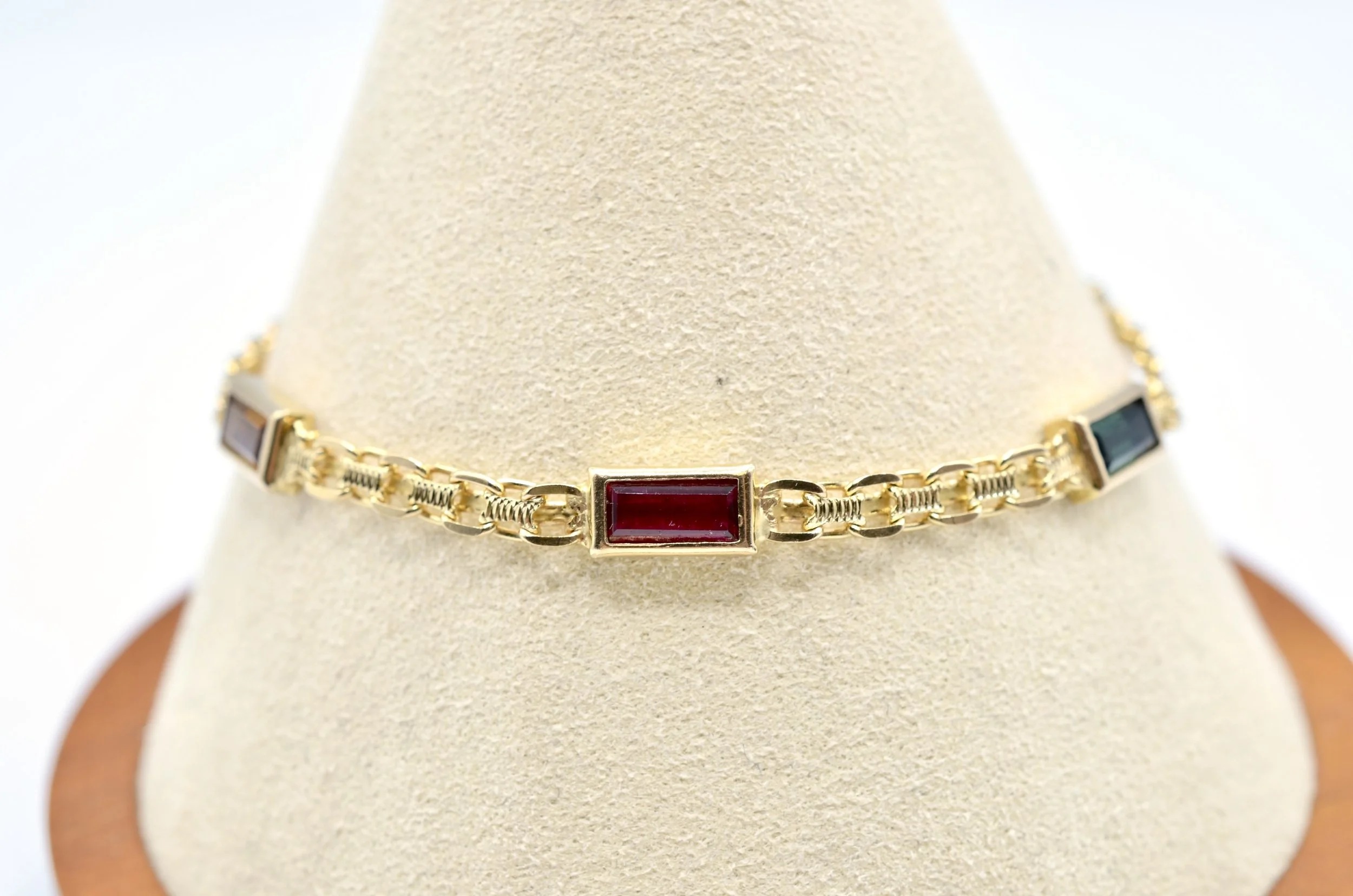 Vintage 14K Yellow Gold Multi Color Gemstone Bismark Link Bracelet Italy 7.4g
