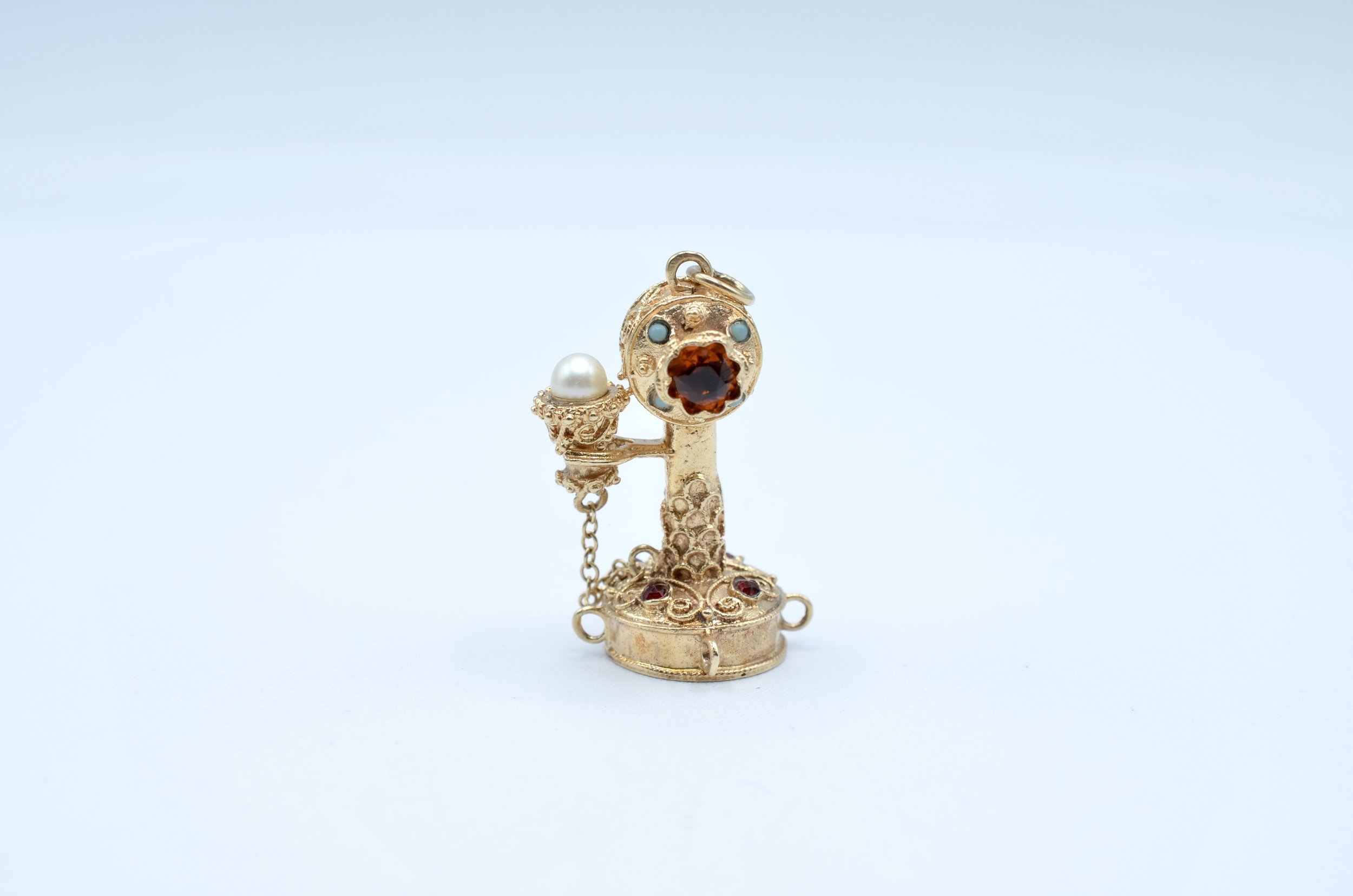 Vintage 14K Gold~ETRUSCAN STYLE CANDLESTICK TELEPHONE JeWeLeD~Fob Charm Pendant.
