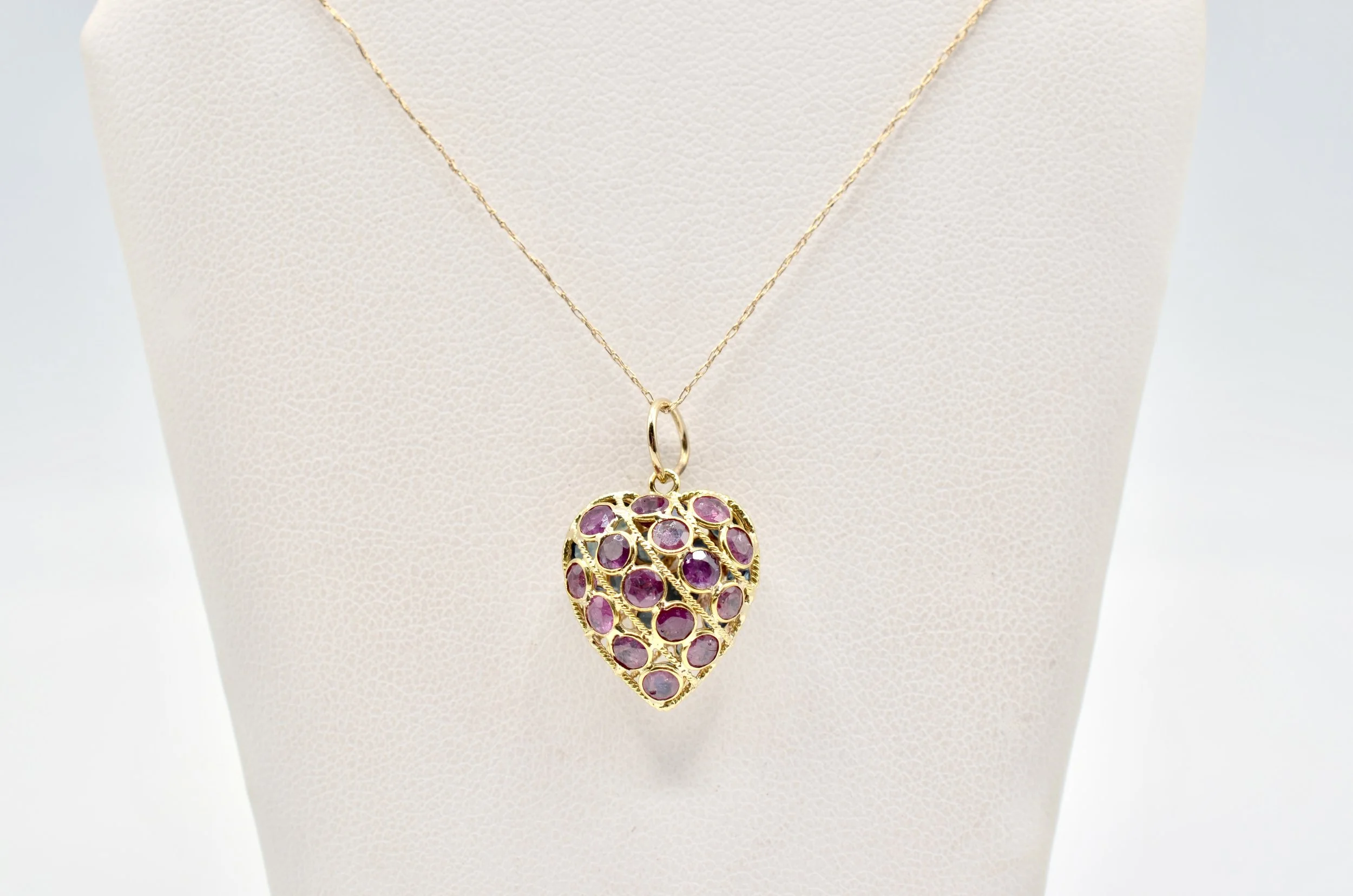 14k Vintage Gold Reversible Blue & Pink Gemstone Heart Pendant Necklace – 2.1g
