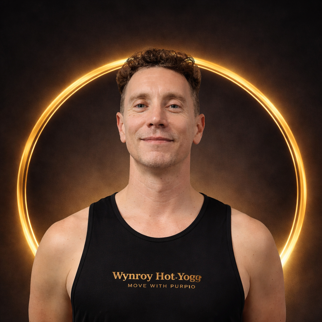 A smiling man with short curly hair, wearing a black tank top with the text 'Wynroy Hot Yoga' and 'Move with Purp10' printed on it, standing in front of a glowing orange circular light.