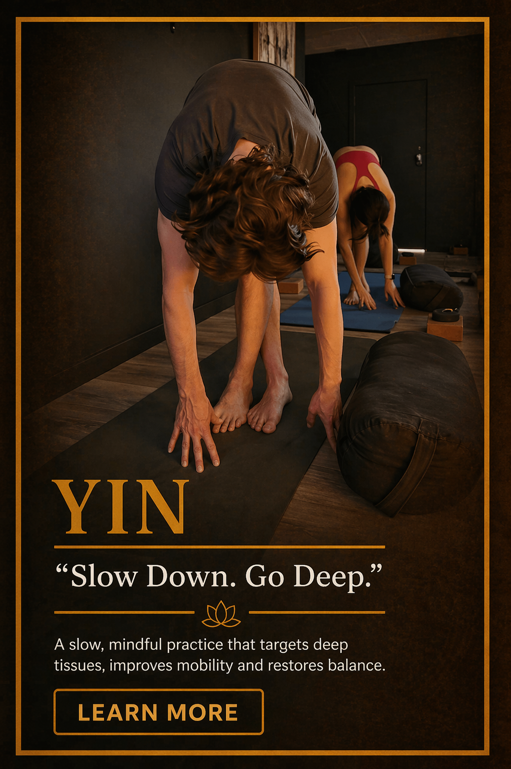 A man and woman practicing yoga in a studio, stretching on yoga mats; text promoting yin yoga and its health benefits.