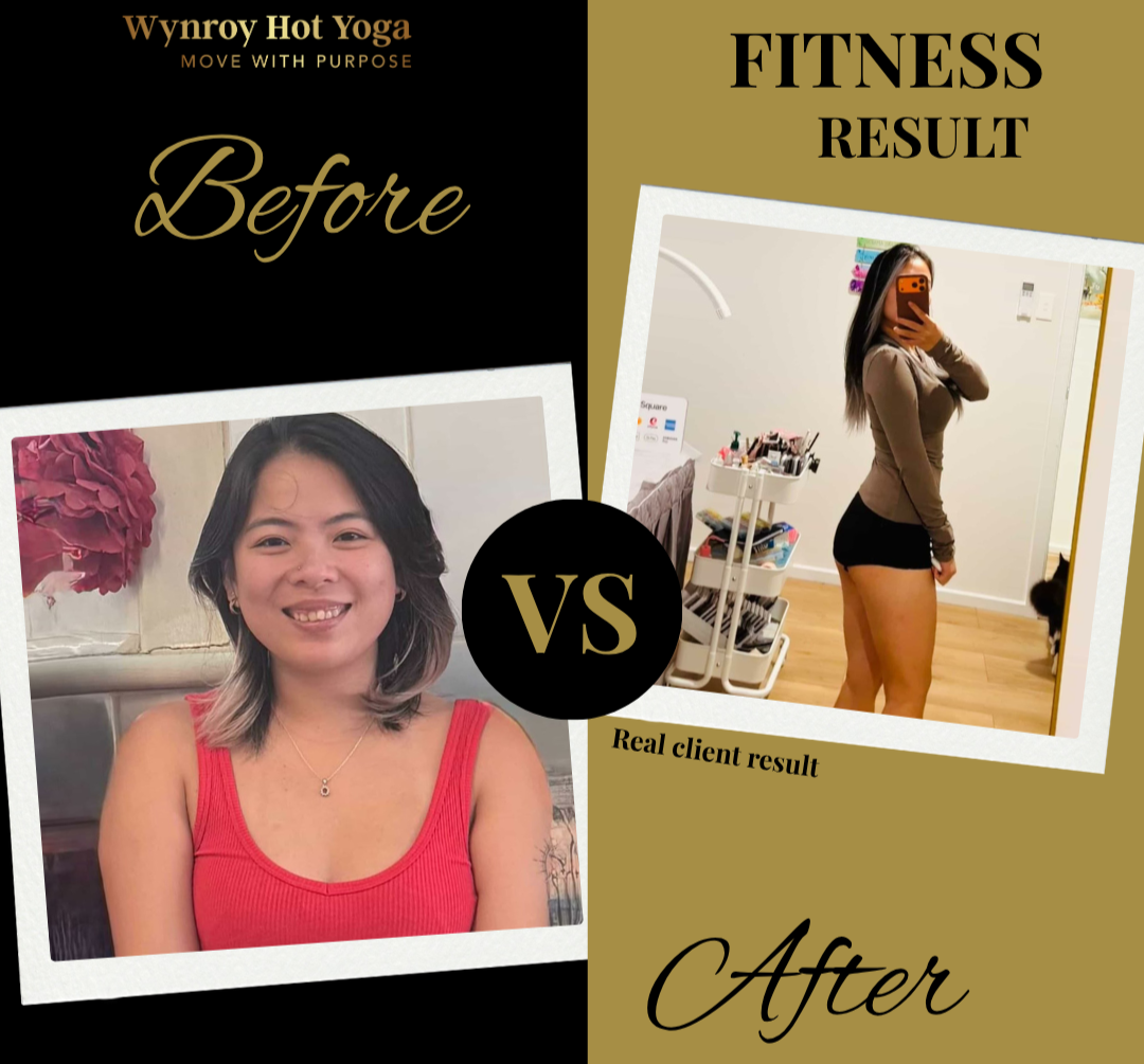 A side-by-side comparison of two photos showing a woman's fitness transformation. The "Before" photo shows a woman with shoulder-length black and gray hair, smiling, wearing a red sleeveless top in a cozy setting. The "After" photo shows the same woman with longer hair, taking a mirror selfie in workout attire, standing in a studio or home gym area.