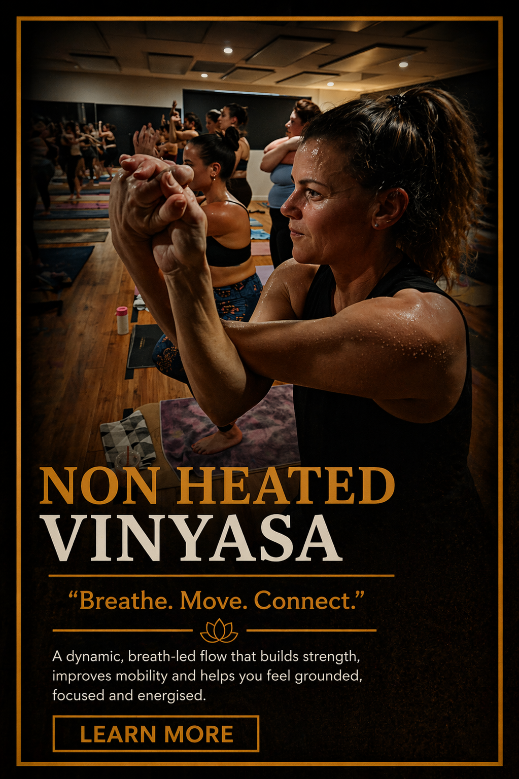 Women practicing non-heated Vinyasa yoga in a studio class.
