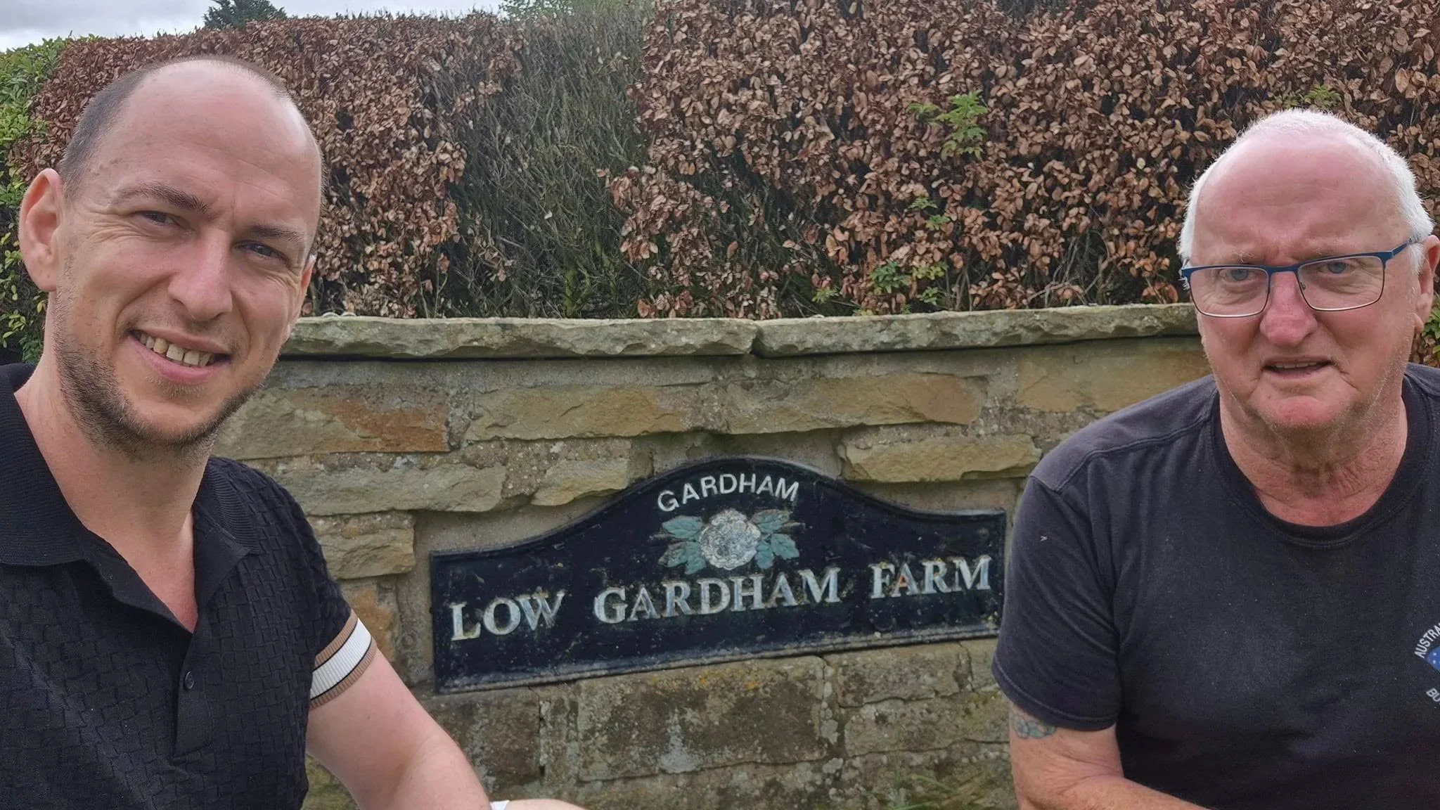 Jay Gardam and Rod Gardam at "Low Gardham Farm." Beverly Yorkshire England. Home place of the Gardam family before emigrating to Australia.