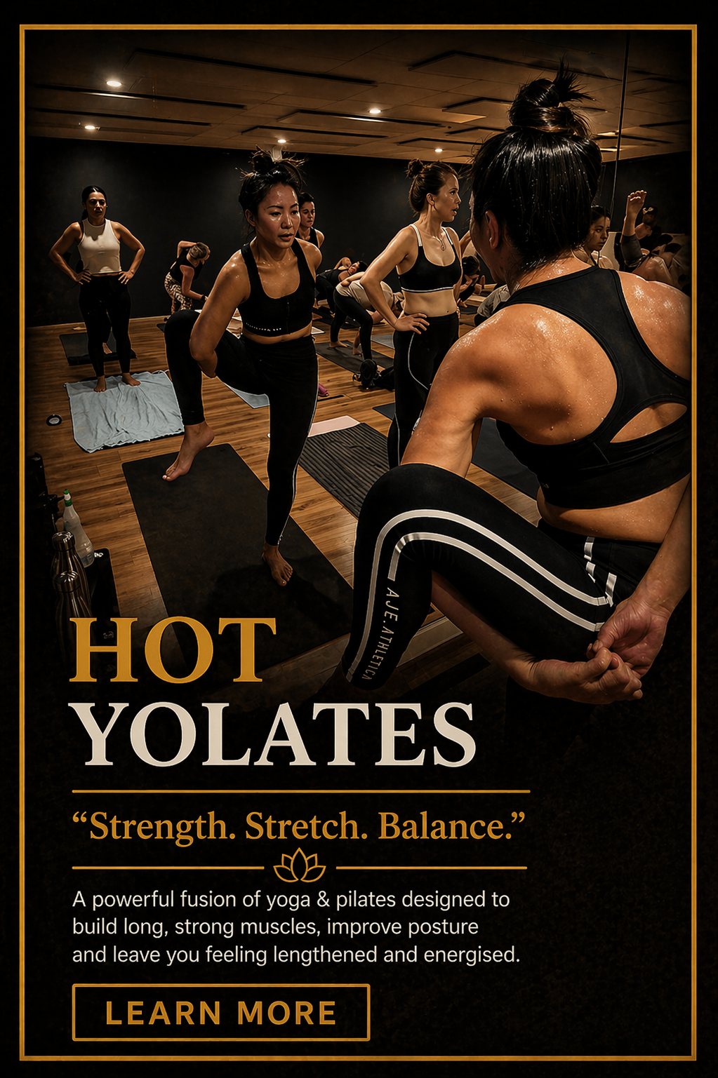 Women in a yoga class practicing stretching exercises in a studio, some with visible sweat on their skin.