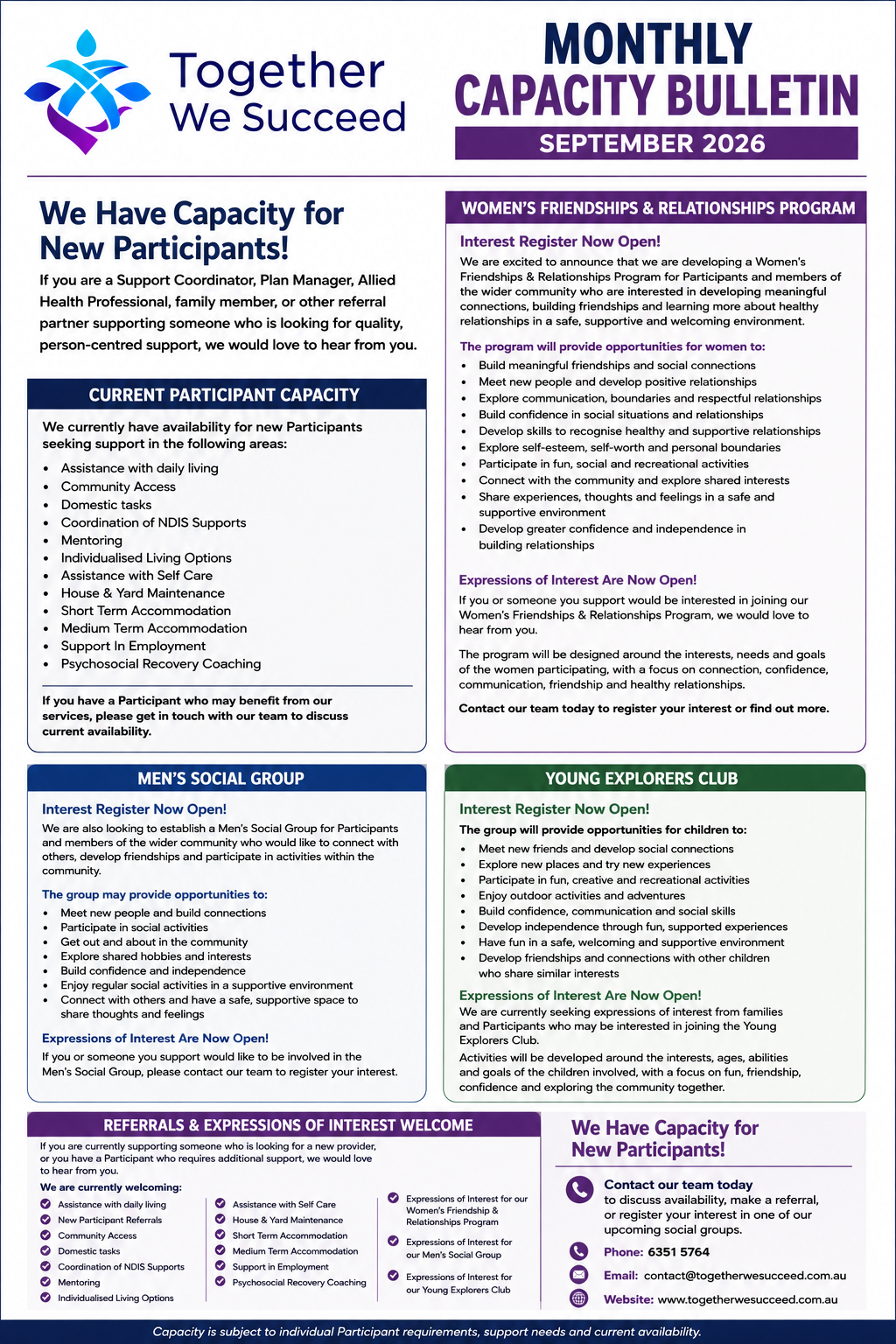 Monthly capacity bulletin for September 2026 from 'Together We Succeed' organization, featuring sections on women's Friendships & Relationships Program, men's social group, young Explorers Club, and contact information.