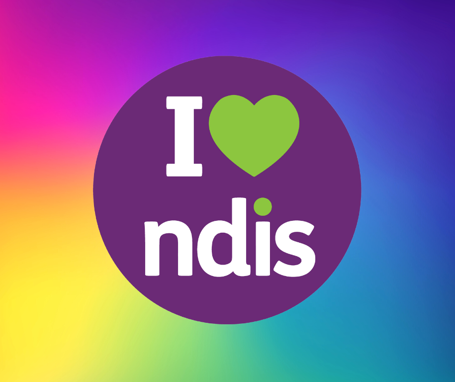 A colorful background with an 'I love ndis' badge in the center, featuring a green heart and white text on a purple circle.
