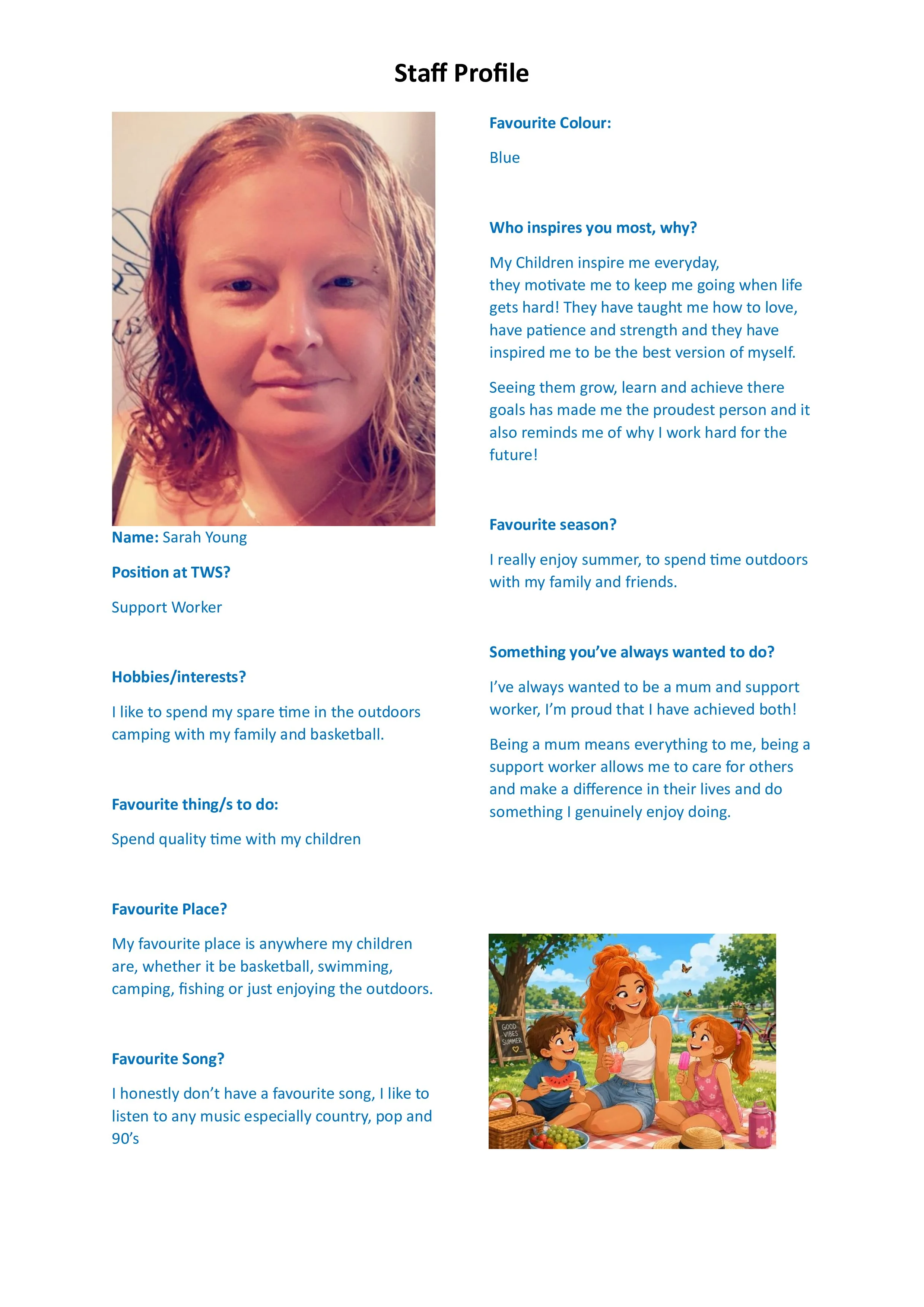 A digital profile page with a photo of a woman with red hair, and illustrated children having a picnic outdoors with a woman, in a park setting with trees and a blue sky.
