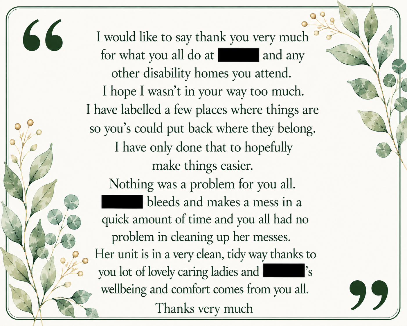 A thank you card with green botanical border design. The card contains a message of gratitude, with some redacted words and quotes.