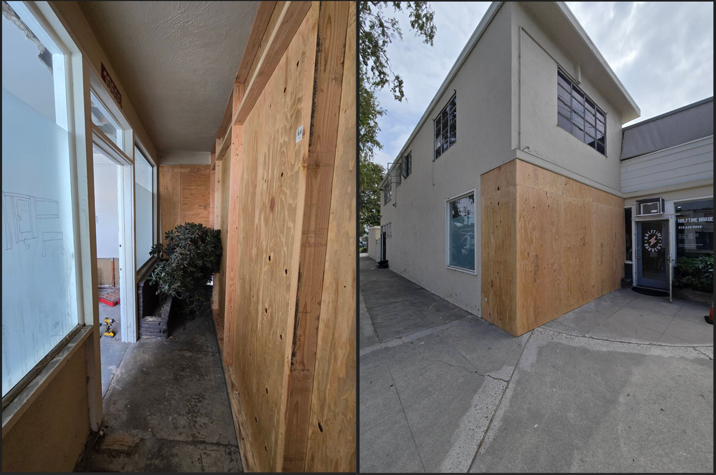 
A two-part image showing the exterior of a commercial or multi-unit residential building that has been extensively boarded up. The left side of the photo shows a narrow walkway or hallway with both walls completely covered in large sheets of plywood