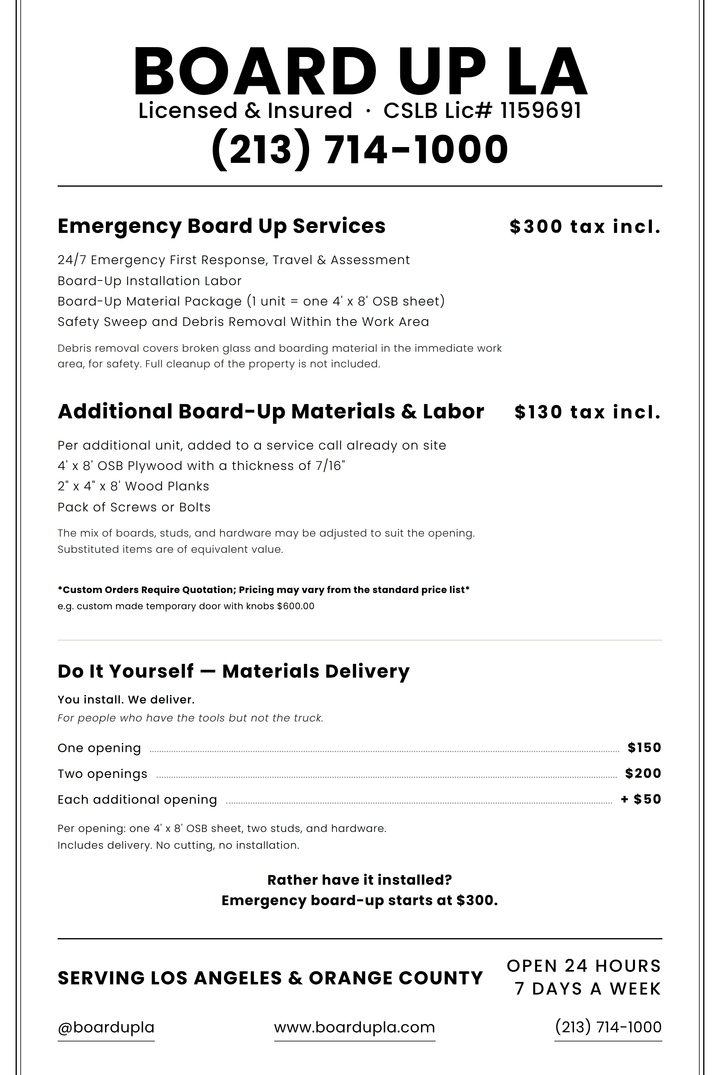 Emergency Board Up LA updated price list sept 2026