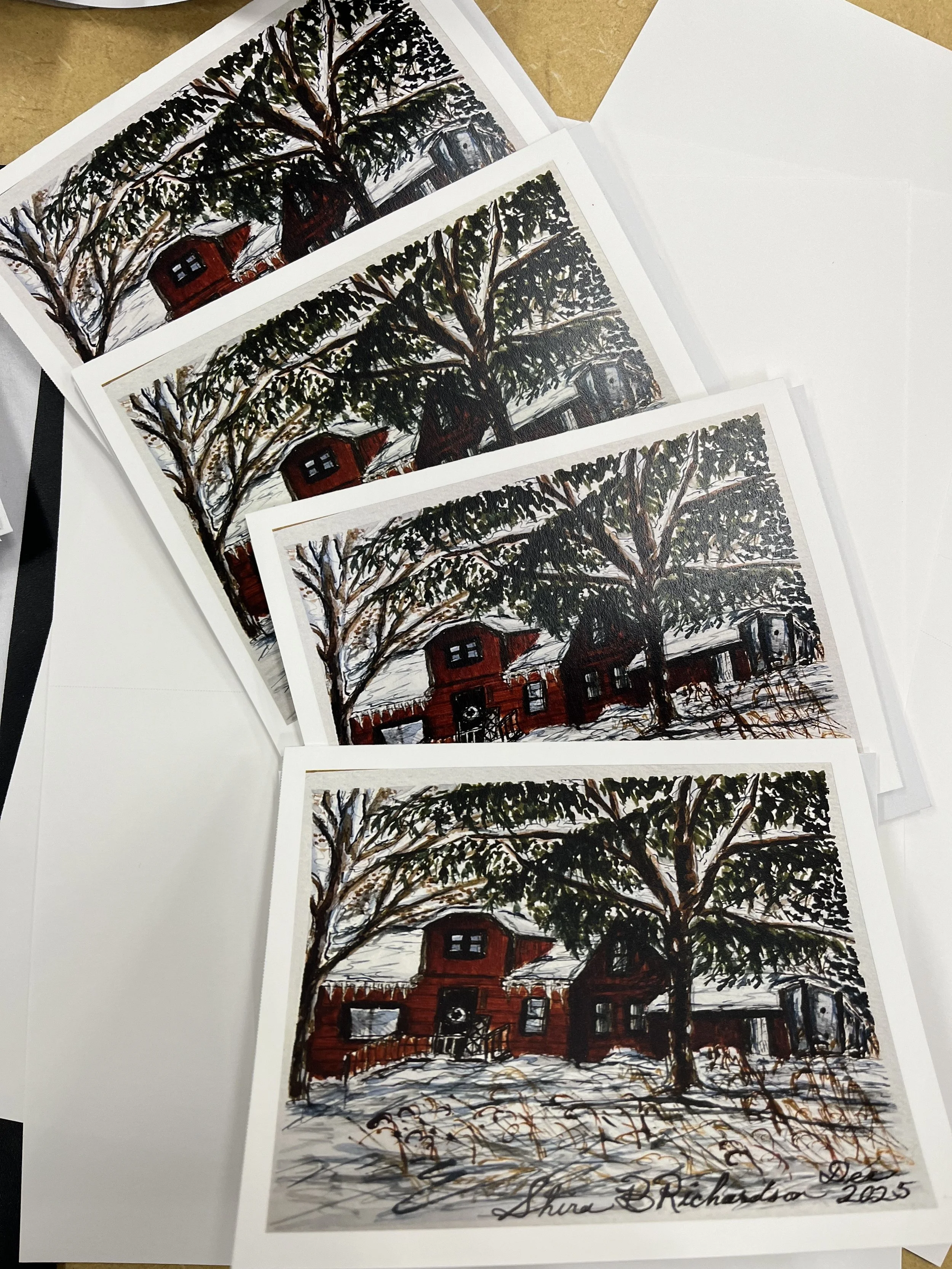 Set of 4 Blank Note Cards with envelopes - Wisconsin Snow Scene: Red house in the trees by Shira Richardson Dec 2025