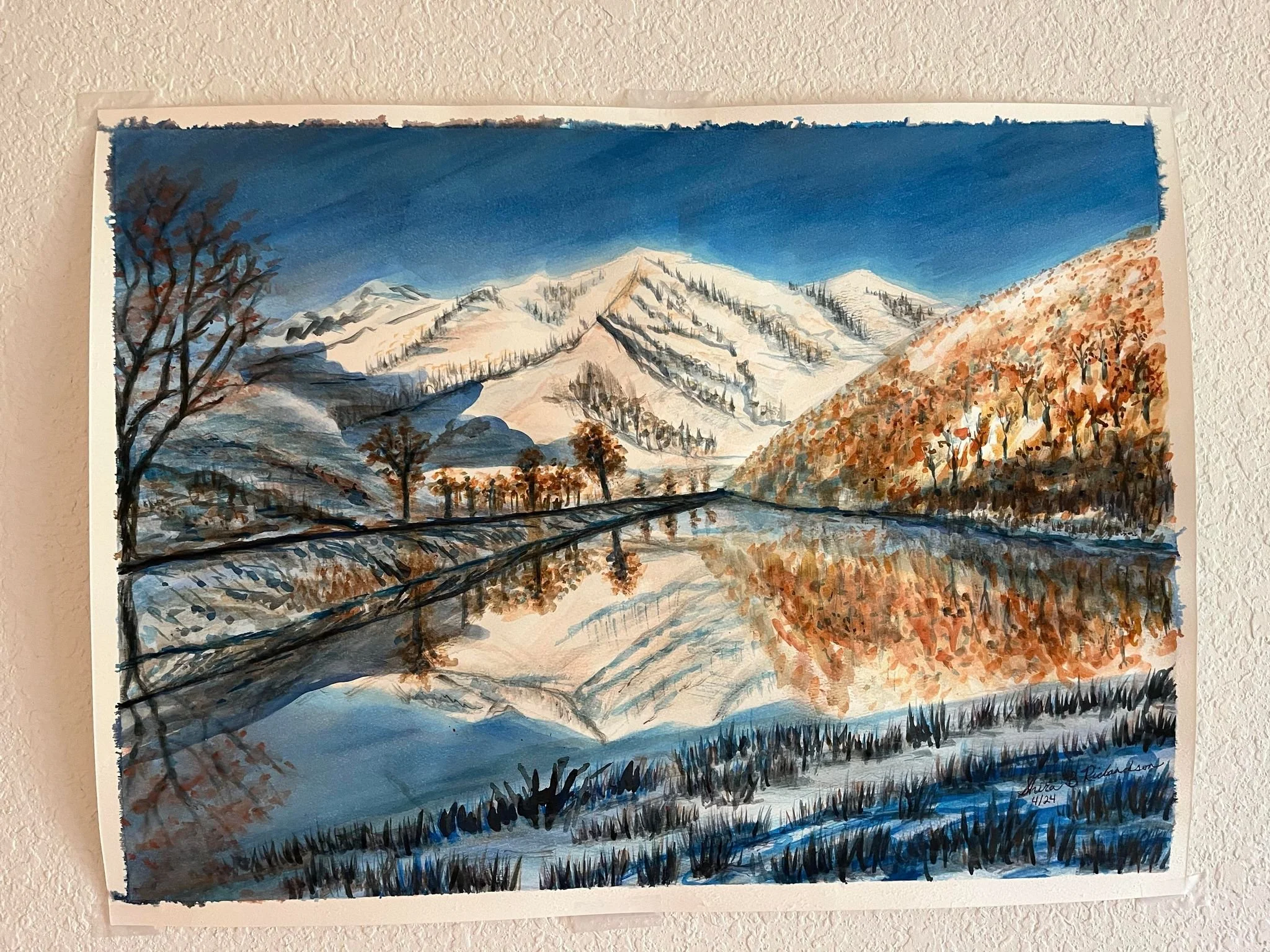Print (copy)- Western Mountain on a Lake - Print approx 8"x10" - Watercolor By Shira R