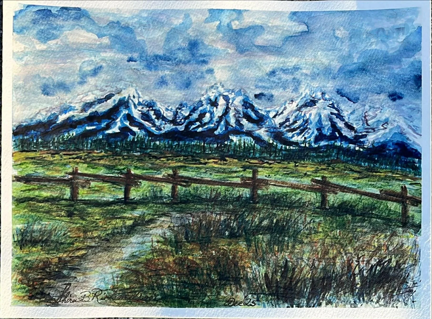 Set of 5 LARGE blank cards with envelopes - with Print (copy) of Watercolor, Teton Mountains by Shira Richardson