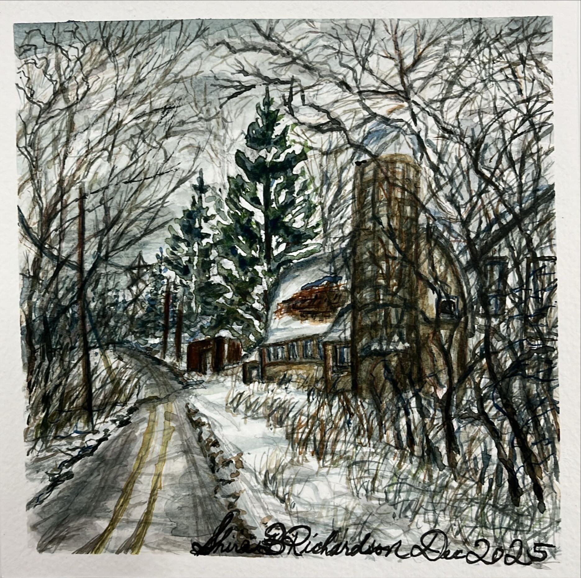 Print (Copy) FRAMED and MATTED 6"x6" Watercolor - Winter Wisconsin Barn By Shira R (local WI artist)