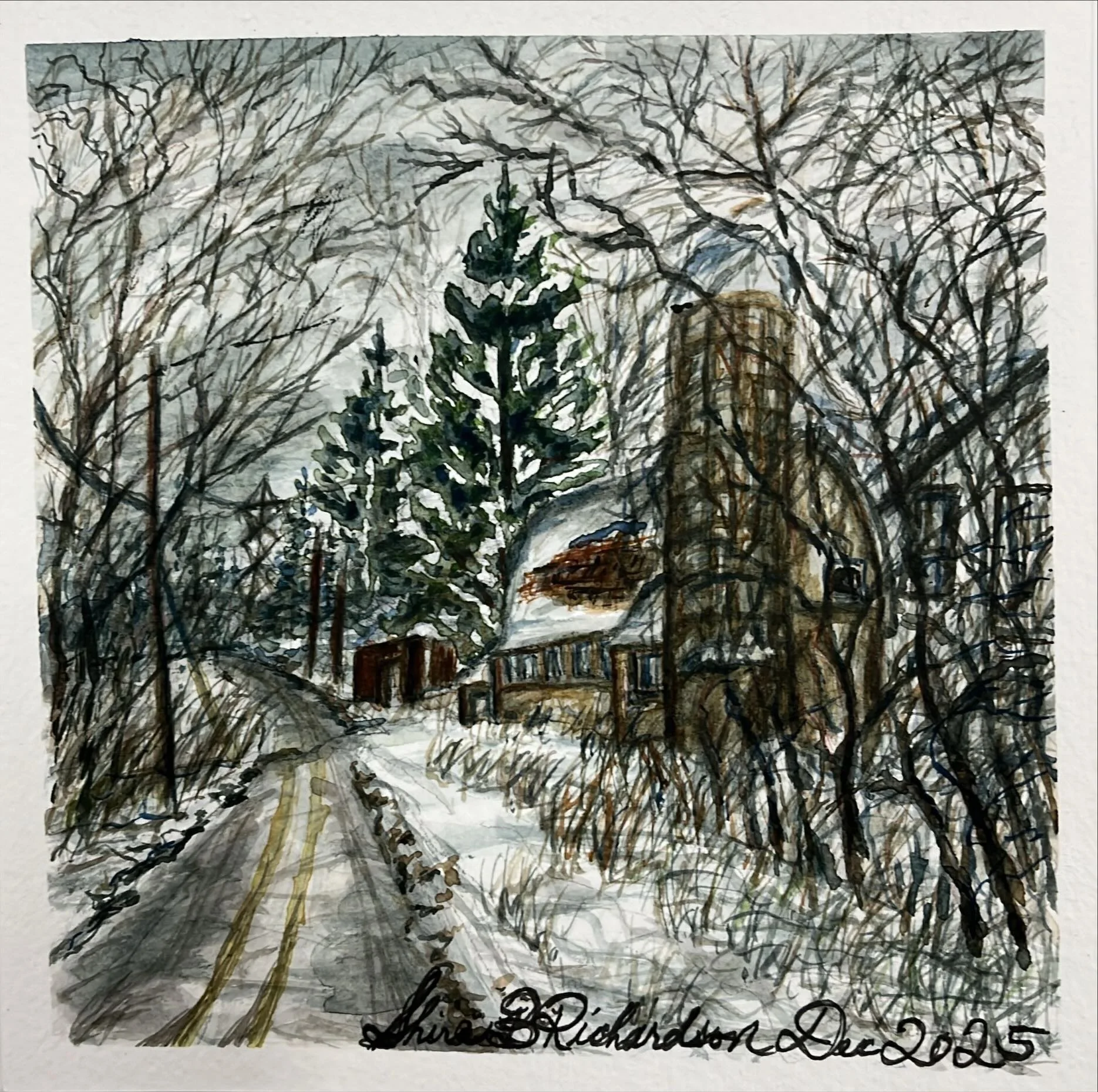 Snowy Barn Scene - Single Blank Greeting Card with Print of Watercolor by Shira