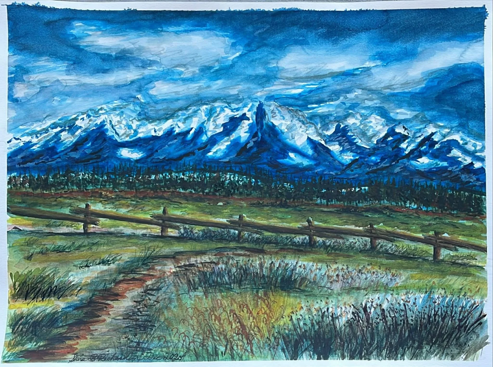 Set of 5 LARGE blank cards with envelopes - with Print (copy) of Watercolor, Teton Mountains in Deep Blue by Shira Richardson
