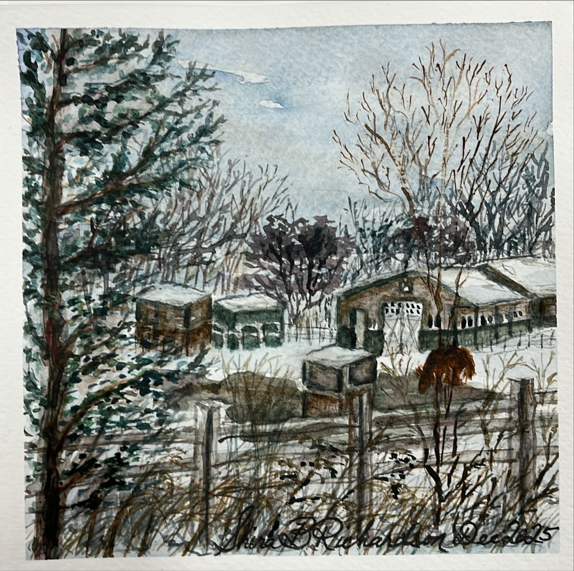 Horse and Barn in Snowy Wisconsin Winter - 6x6 Print of watercolor by Shira (Copy not framed)