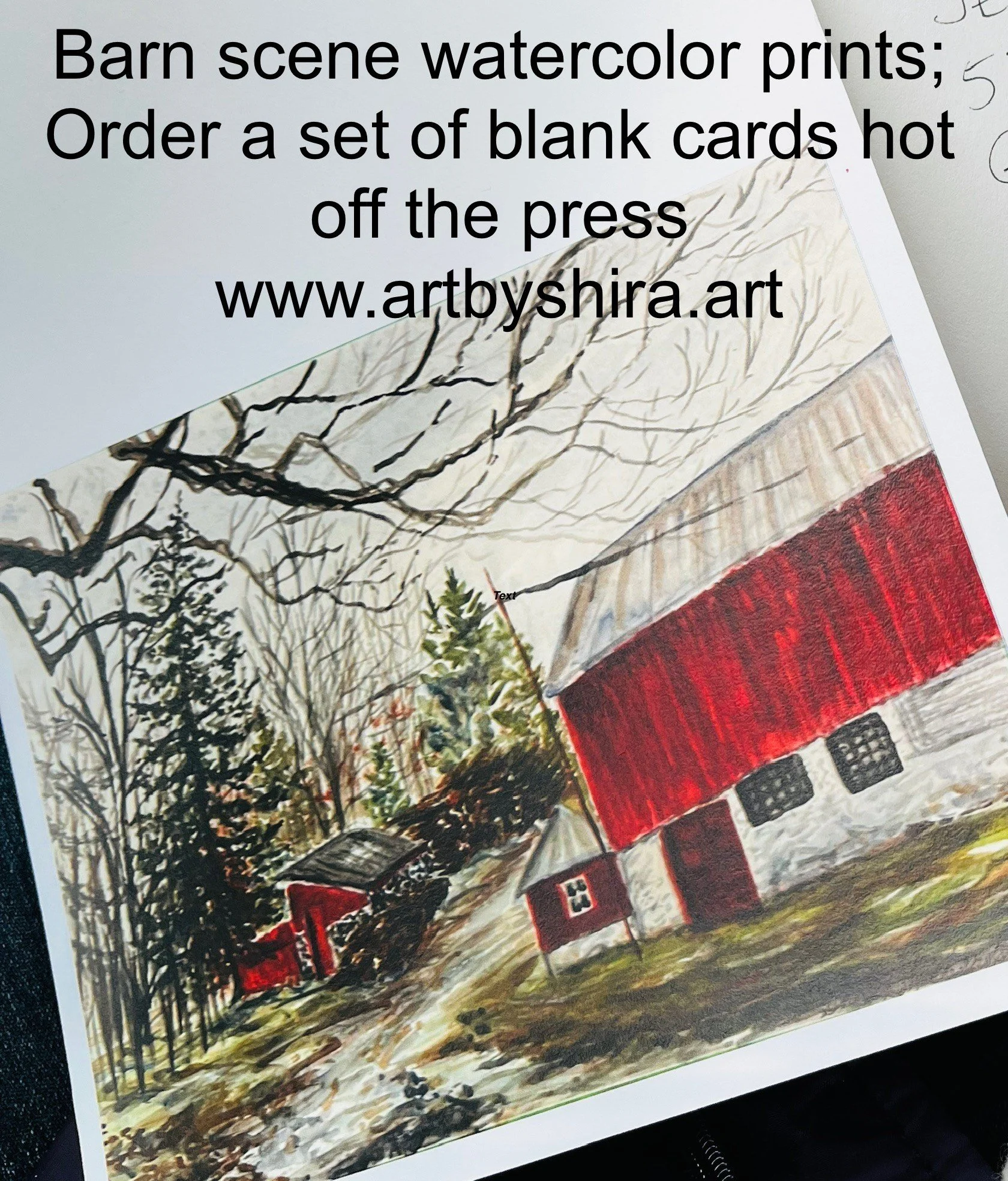 Set of (5) Blank Note Cards with Envelopes - Prints (copy) of Watercolor: Barn at Lapham Peak State Park, Wisconsin: By Shira Richardson, Dec 2025