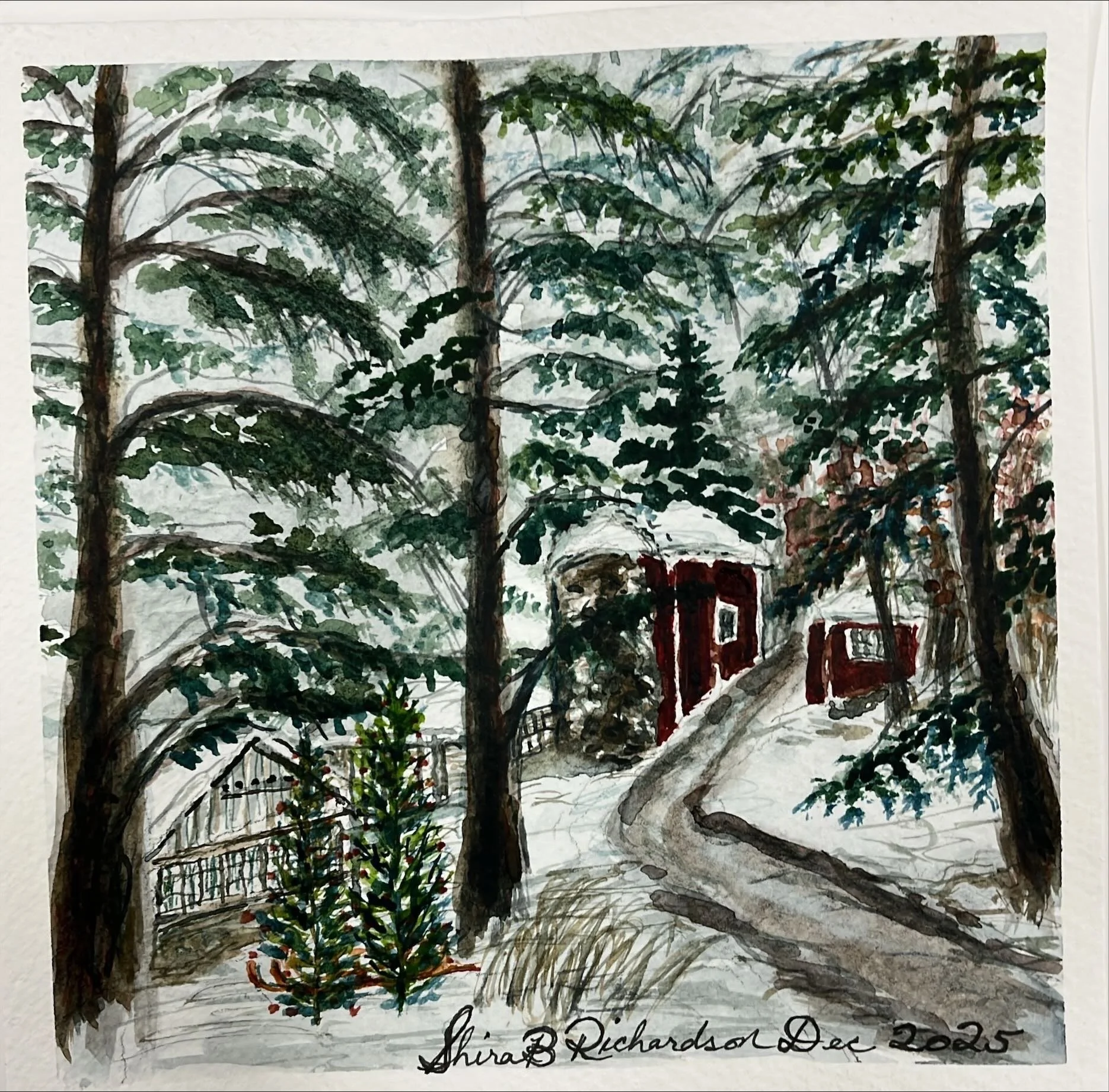 Winter Barn Watercolor Original with framing and matting - 6x6 (8x8 or 10x10 approx framed)