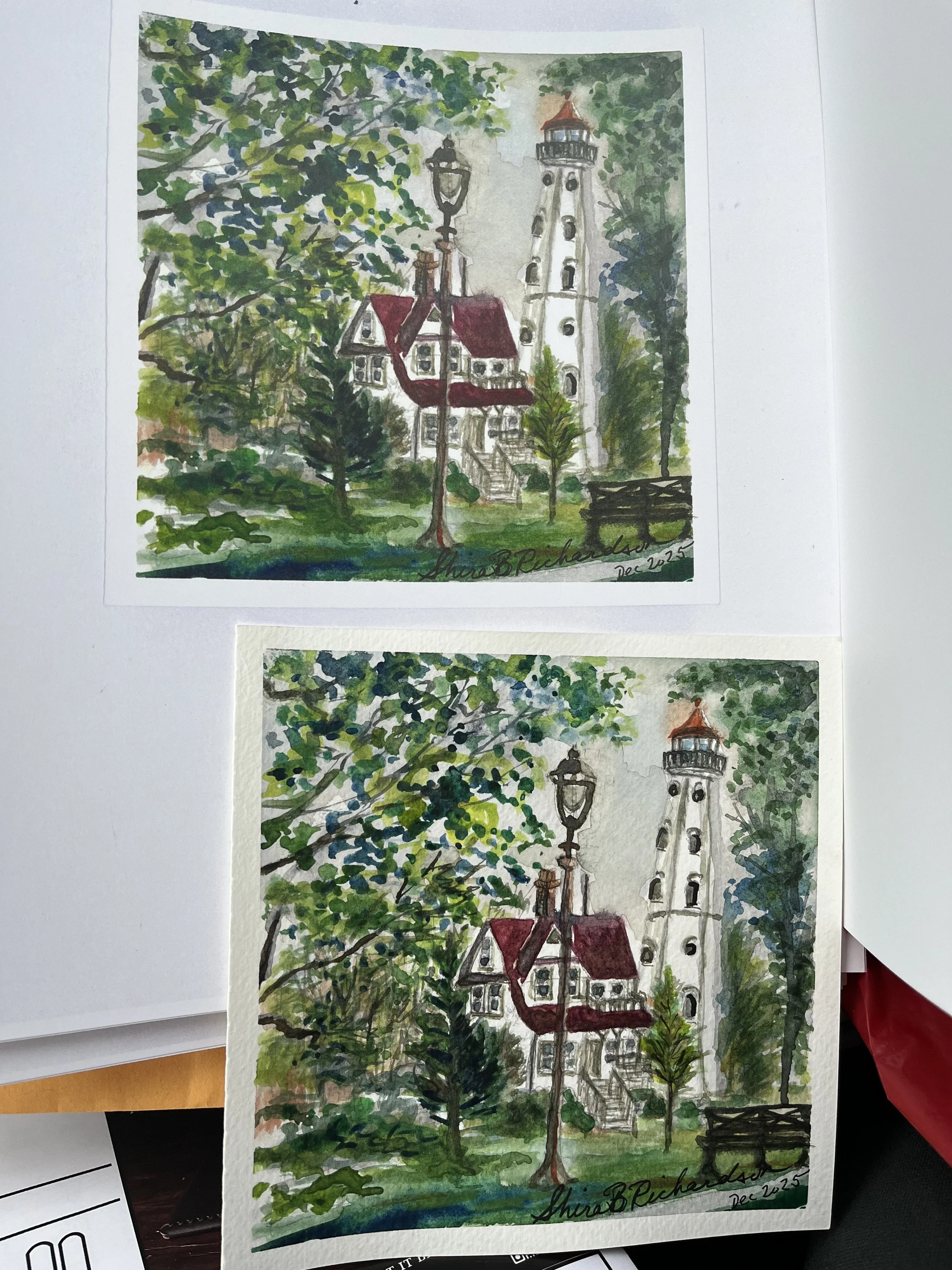 Print (copy) 6x6 on cardstock paper - Watercolor Scene of Milwaukee Lighthouse by Shira Richardson