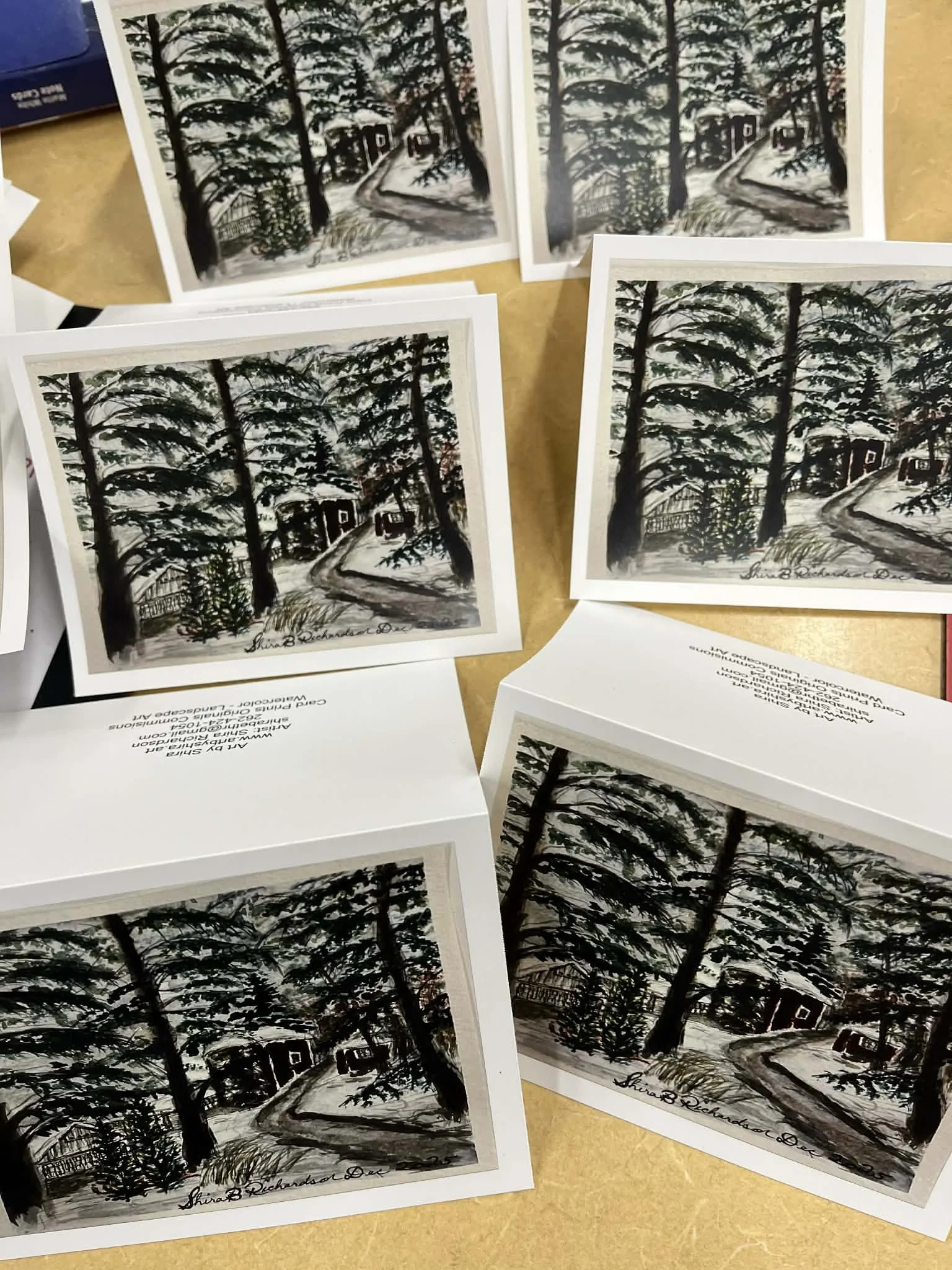 Set of (6) Blank Cards with envelopes - Print (copy) of Watercolor - Snowy Wisconsin Farm in the Pines  By Shira Richardson