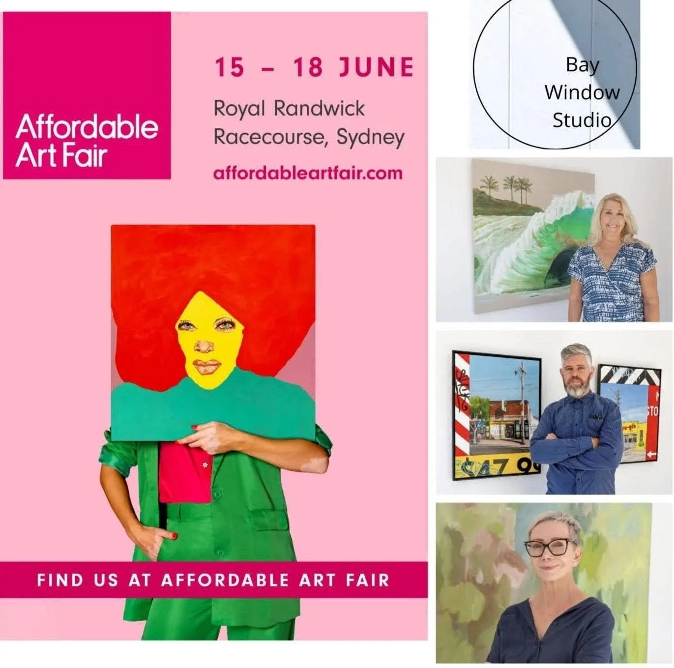 Flyer for Affordable Art Fair from June 15 to 18 at Royal Randwick Racecourse in Sydney. The flyer features a collage with an abstract woman with red hair, and three photos of artists with their artwork and a gallery piece.