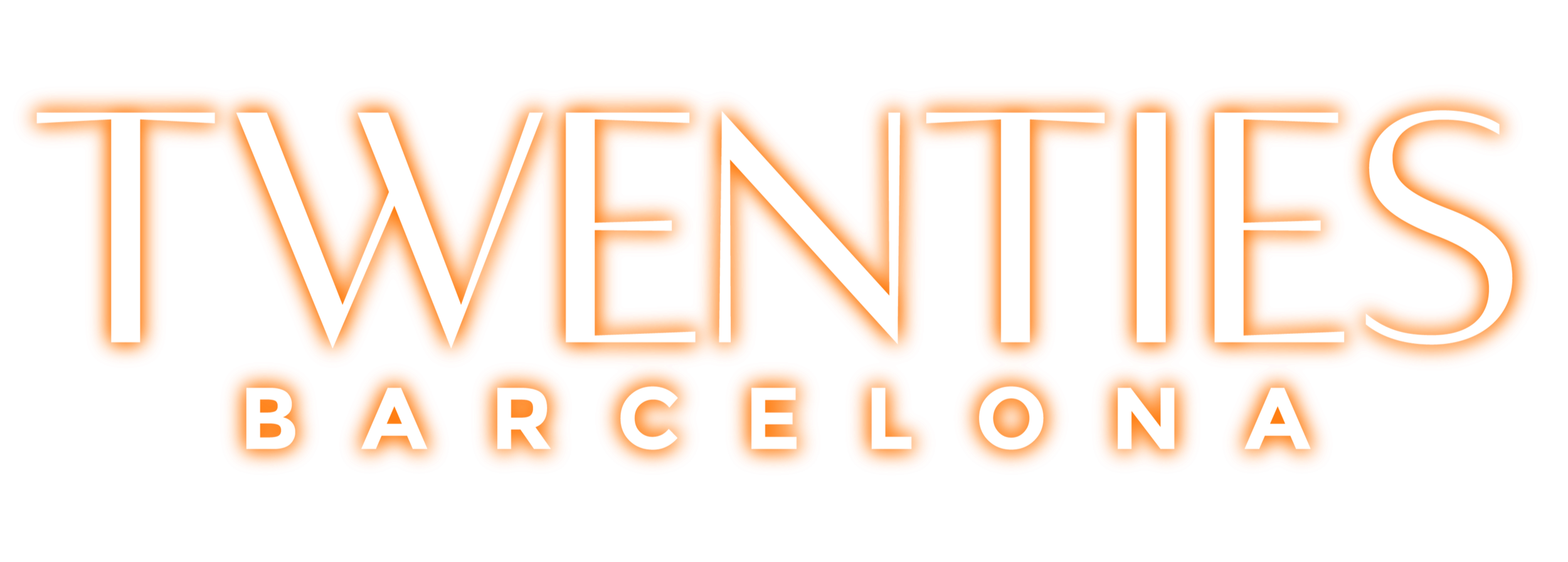 Neon sign reading 'TWENTIES BARCELONA' with orange and white typography on a dark background.
