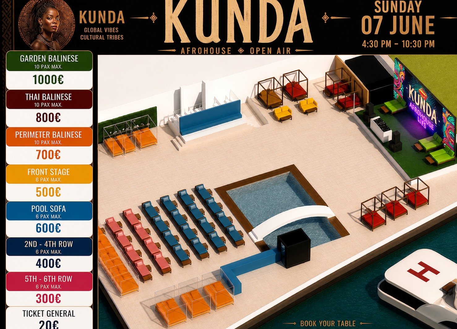 Map of Kunda Afrohouse event layout with seating areas, pool, and stage, featuring prices for different sections and event details.