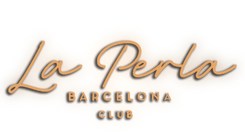 A logo for La Perla Barcelona Club with stylized cursive text and a black background.