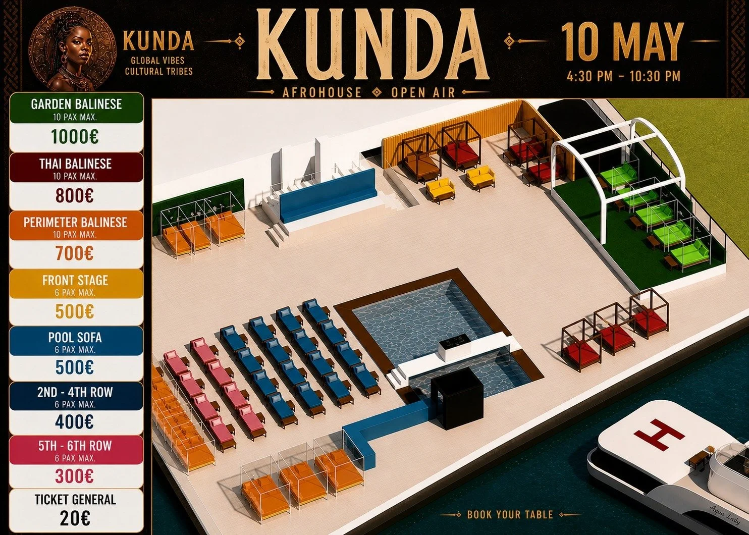 VIP table layout for Kunda at Seaseaclub Barcelona